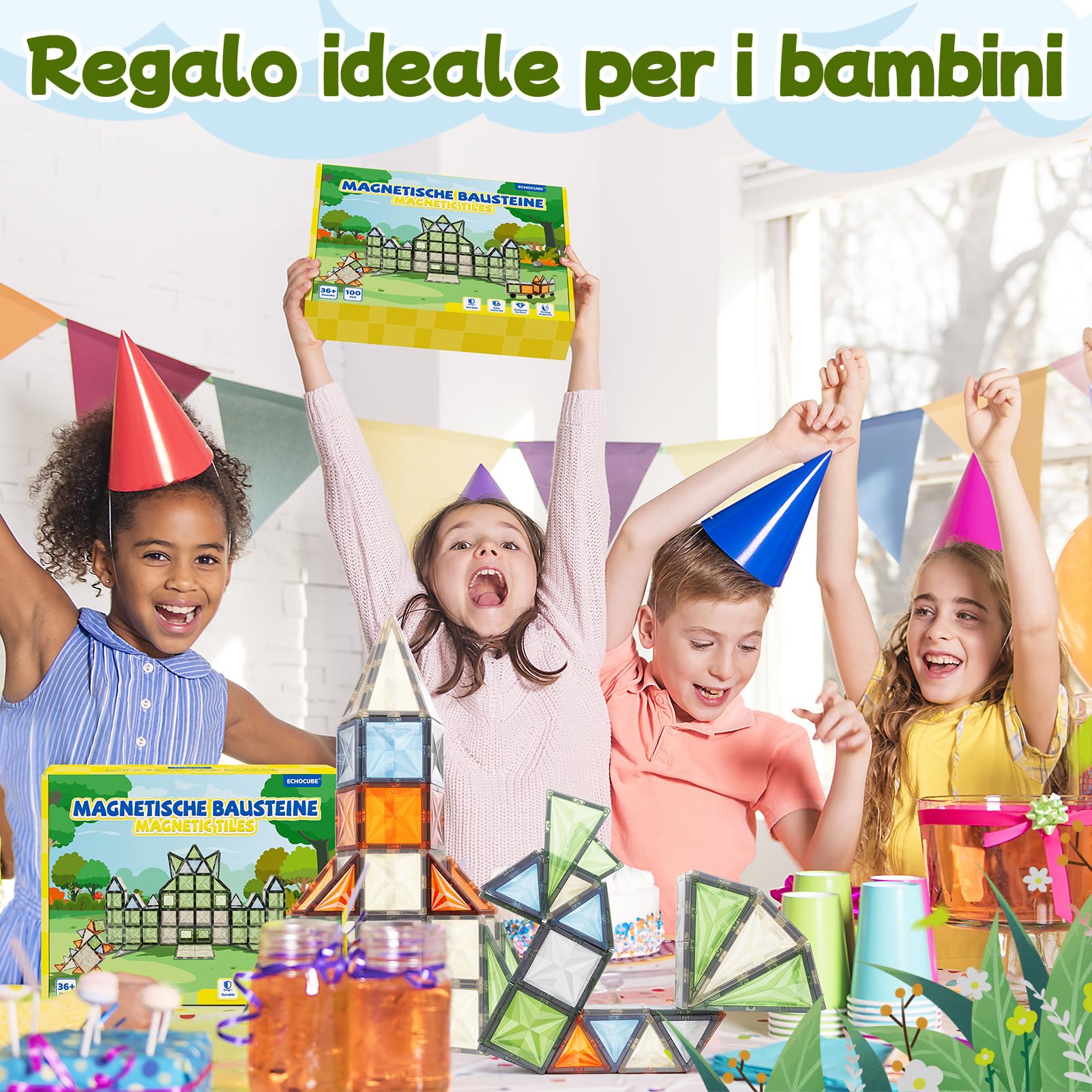100 Pz di Magnetic Building Tiles, Set di Blocchi Magnetici in Colori Naturali con Veicoli Magnetici, Giochi Educativi per Regalo di Compleanno per Bambini dai 36 Mesi in su