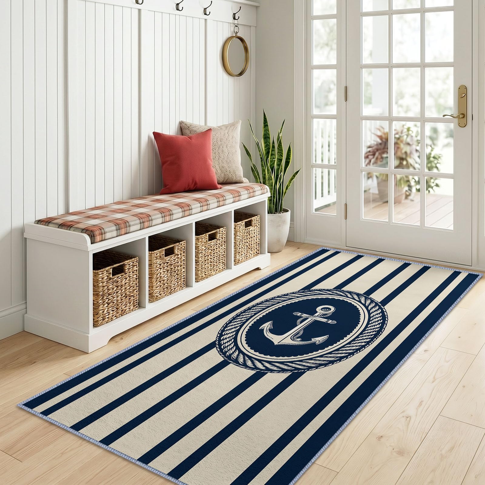 Bieżnik na korytarz 60 x 240 cm retro, z motywem morskim, pionowe paski, antypoślizgowy, wytrzymały bieżnik, mata podłogowa z gumowym spodem, można prać, do przedpokoju, kuchni, sypialni, pralni
