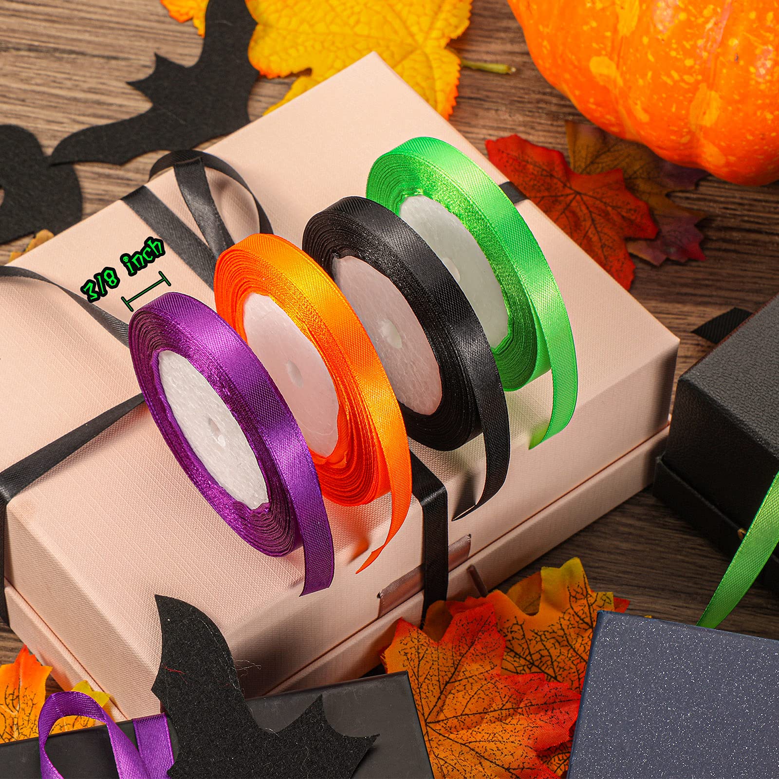 Xinnun 200Yard Christmas Satin Ribbon Wrapping 8 Roll Polyester 3/8 Inch Silk Ribbon for Christmas Halloween Party Decoration DIY Craft Supply(Orange, Black, Purple, Green)