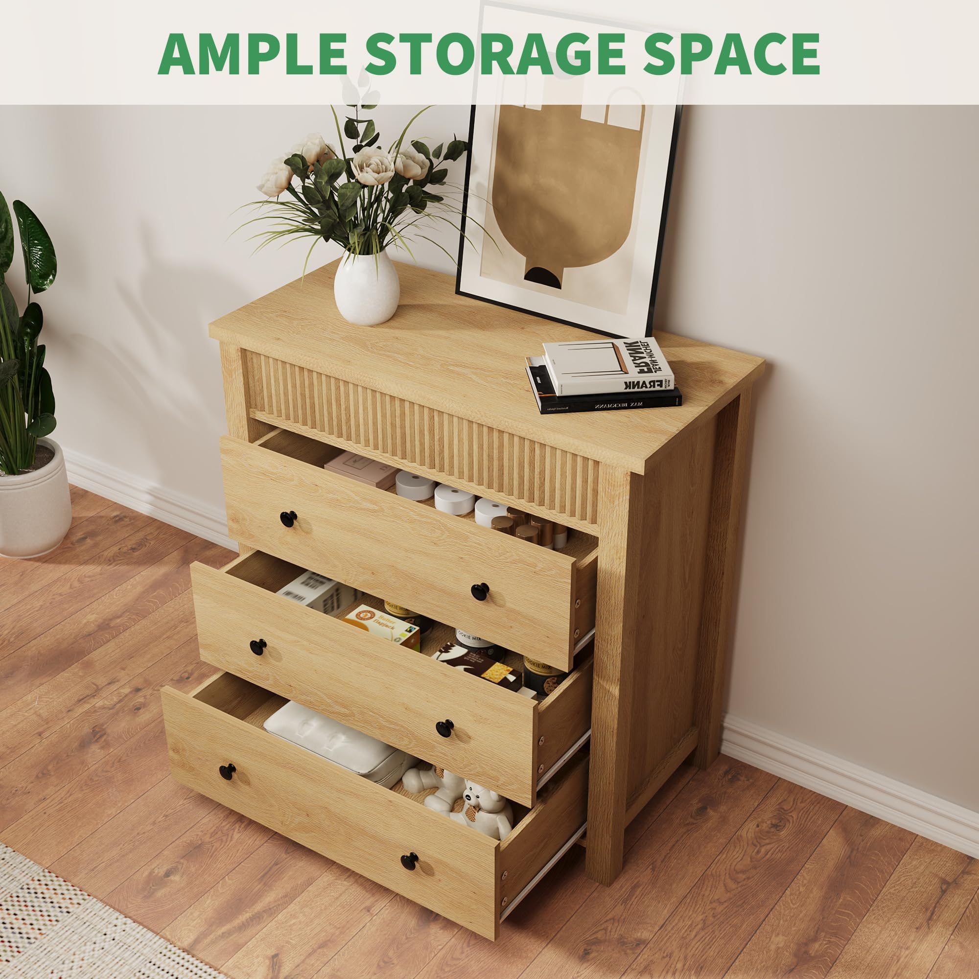 Garvee Comò a 3 cassetti per camera da letto, comodino moderno a coste in legno, cassettiera in legno per camera da letto, soggiorno, corridoio, 80 x 40 x 81 cm, rovere naturale