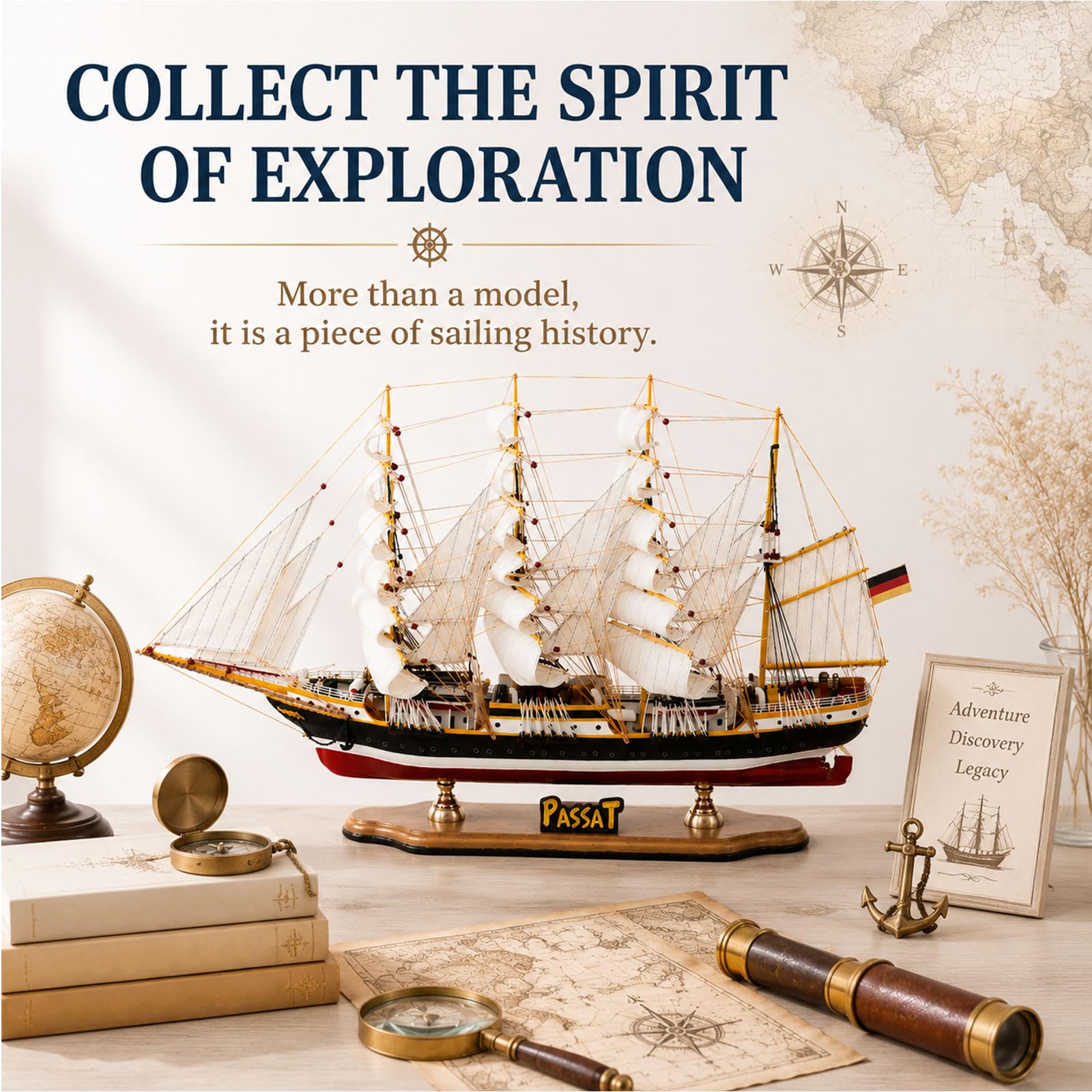 YLME Modell eines Segelschiffs aus Holz Viermastiges Großsegelschiff | Maritime Vintage-Dekoration Großes Schiffsmodell für Zuhause oder Büro Sammler Geschenk für Segelbegeisterte