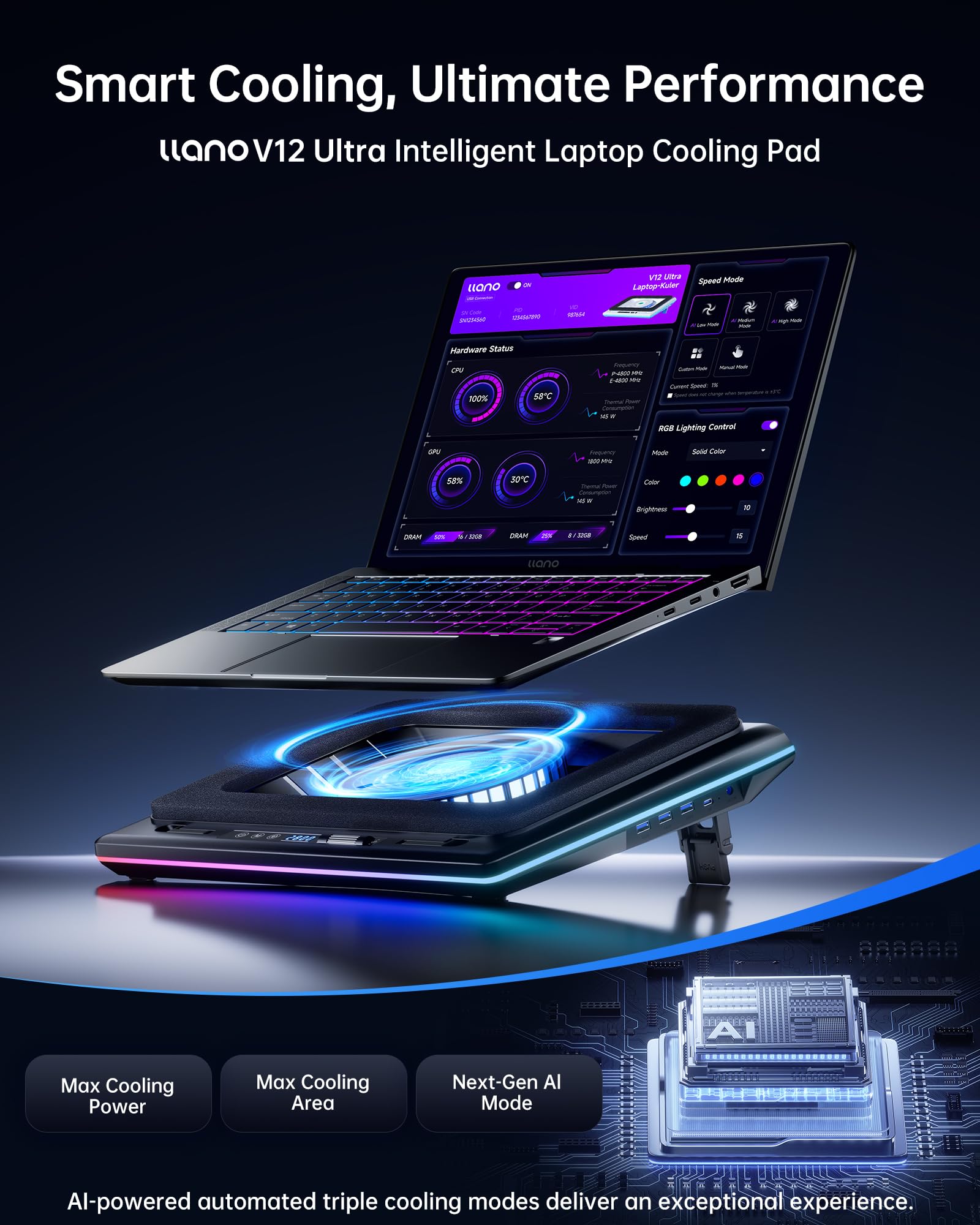 llano V12 Ultra Base Refrigeradora para Laptop con Control de Software Inteligente, Soporte Ventilador RGB para Laptop Gaming, Ventilador Turbo 5.5", 3 *USB 3.0 para Laptops de 15.6" a 19"