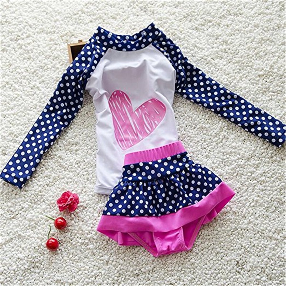 JELEUON Baby Girls Kids Toddler 2 Pcs Long Sleever Polka Dots Swimsuit Rash Guard UPF 50+ UV (3-4 Years, Polka)