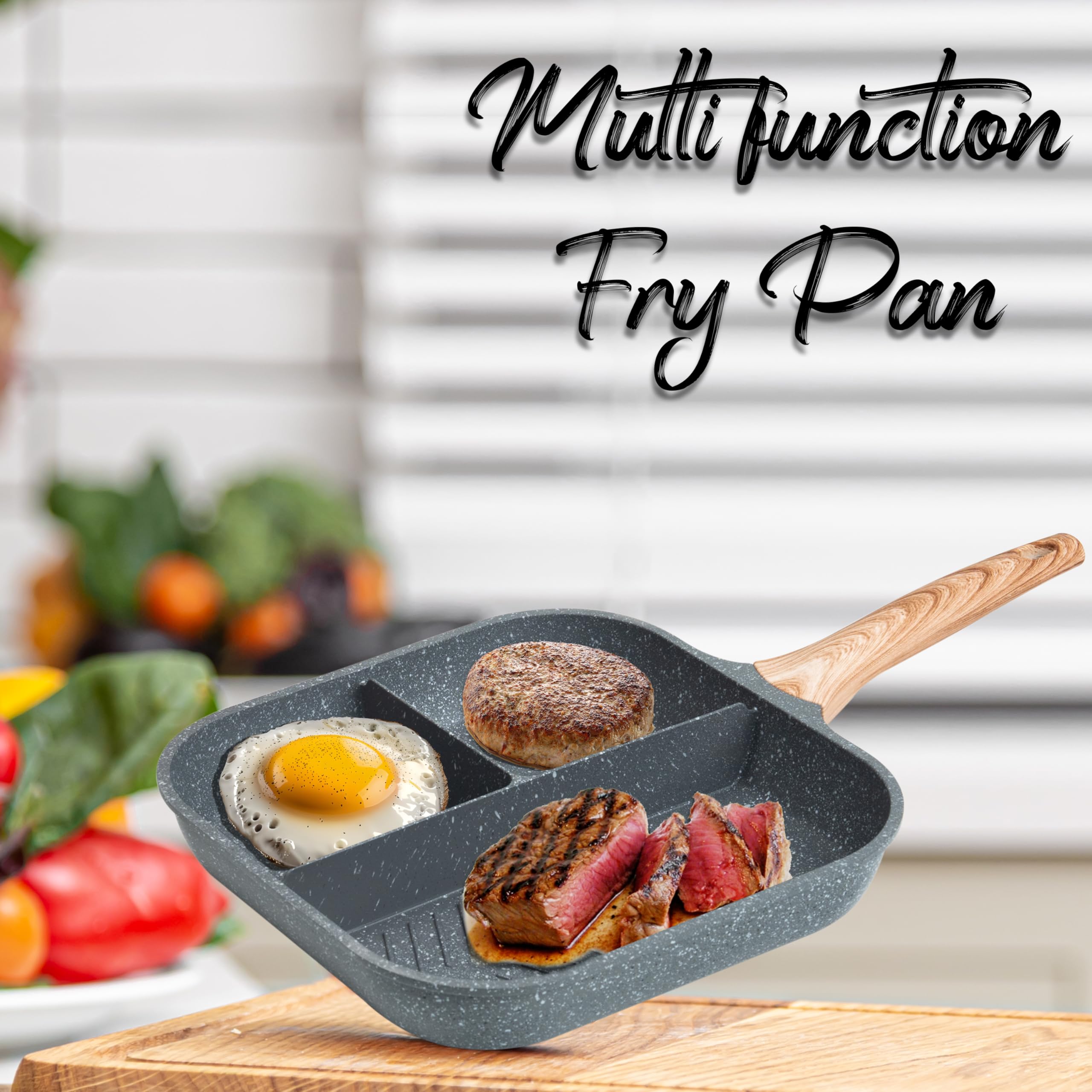 Crystals Non Stick Frying Pan, 3 in 1 Section Fry Pan with Wooden Handle, Small Induction Egg Frying Pan 28cm - Image 2