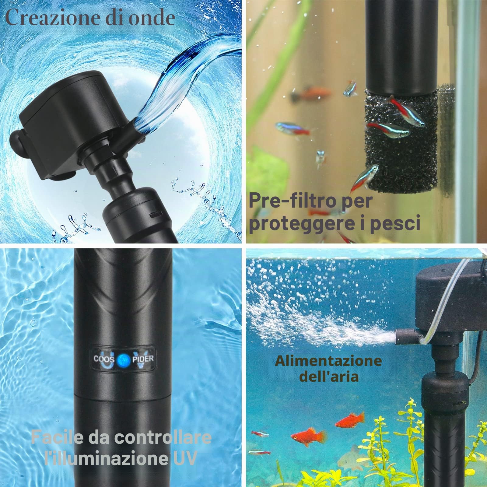 Pompa filtro U-V per acquario da 150 – 380 L, 5 W, antialghe, chiarificatore U-V, 1200 l/h, cristallina, acqua fredda, pesci tropicali