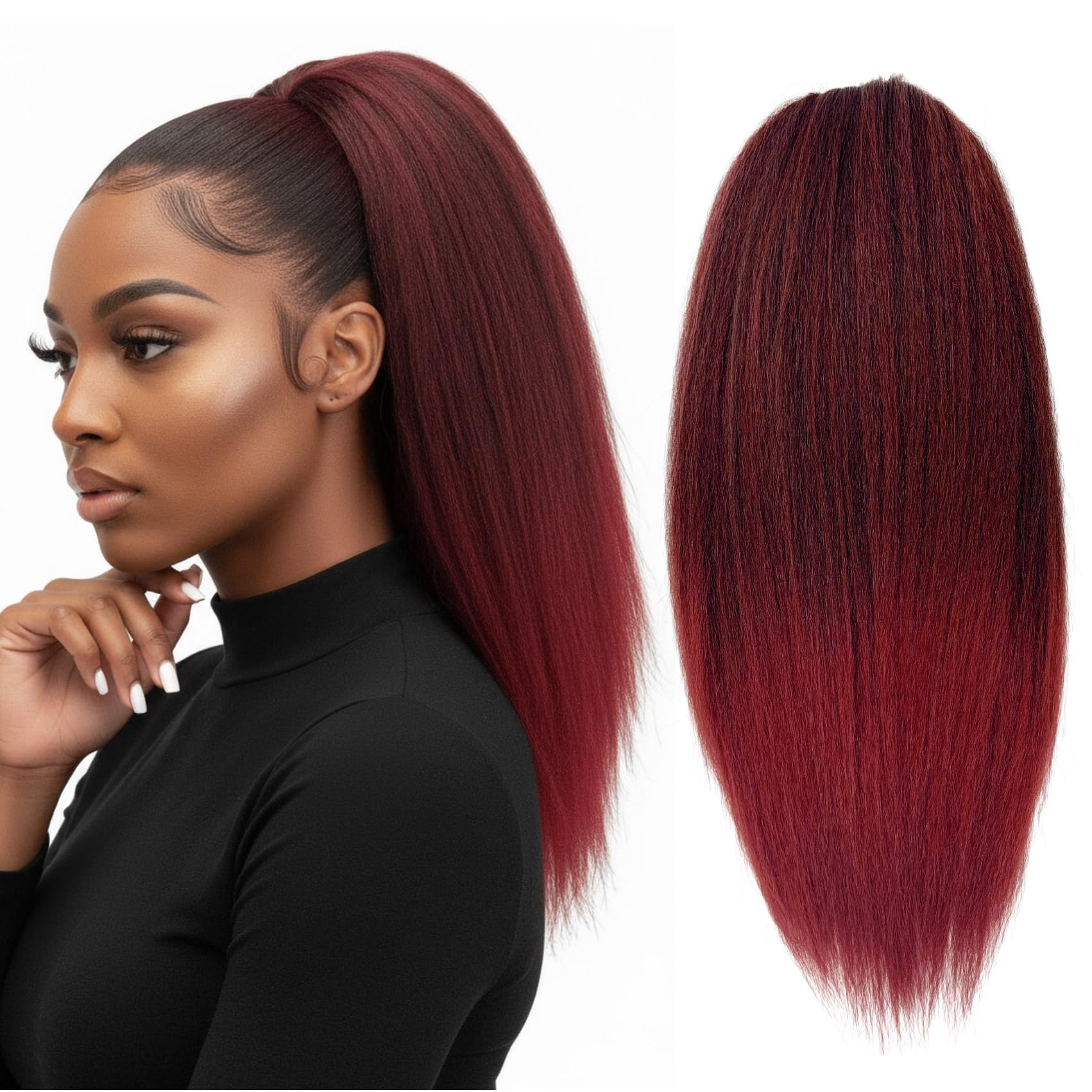 UAmy hair Long Burgundy Yaki Straight Drawstring Ponytail for Black Women 20inch Slight Red Kinky Straight Hair Pony Tail Hairpieces Synthetic