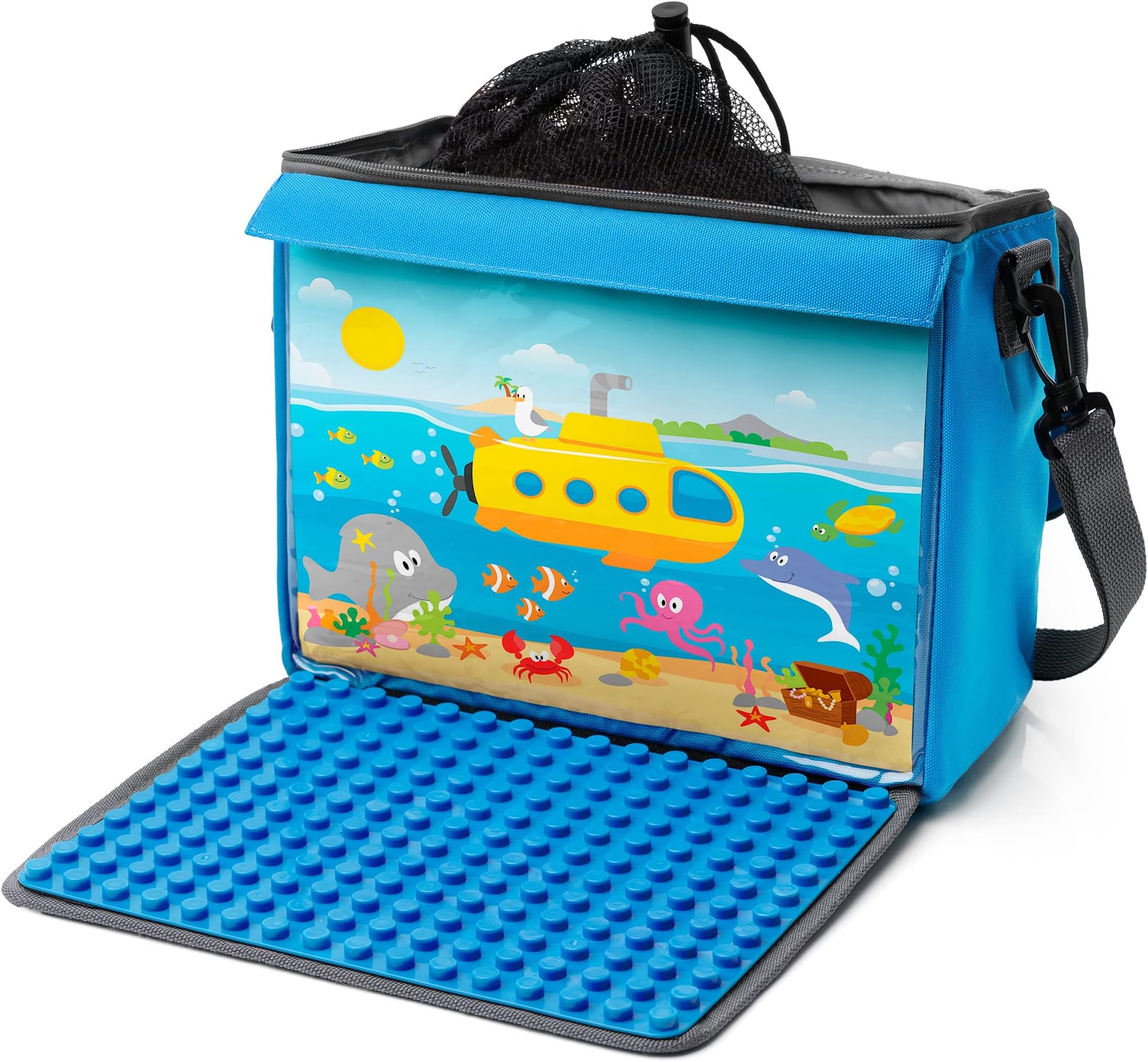 Toy Brick Bag with fold-out base plate compatible with building blocks of various brands