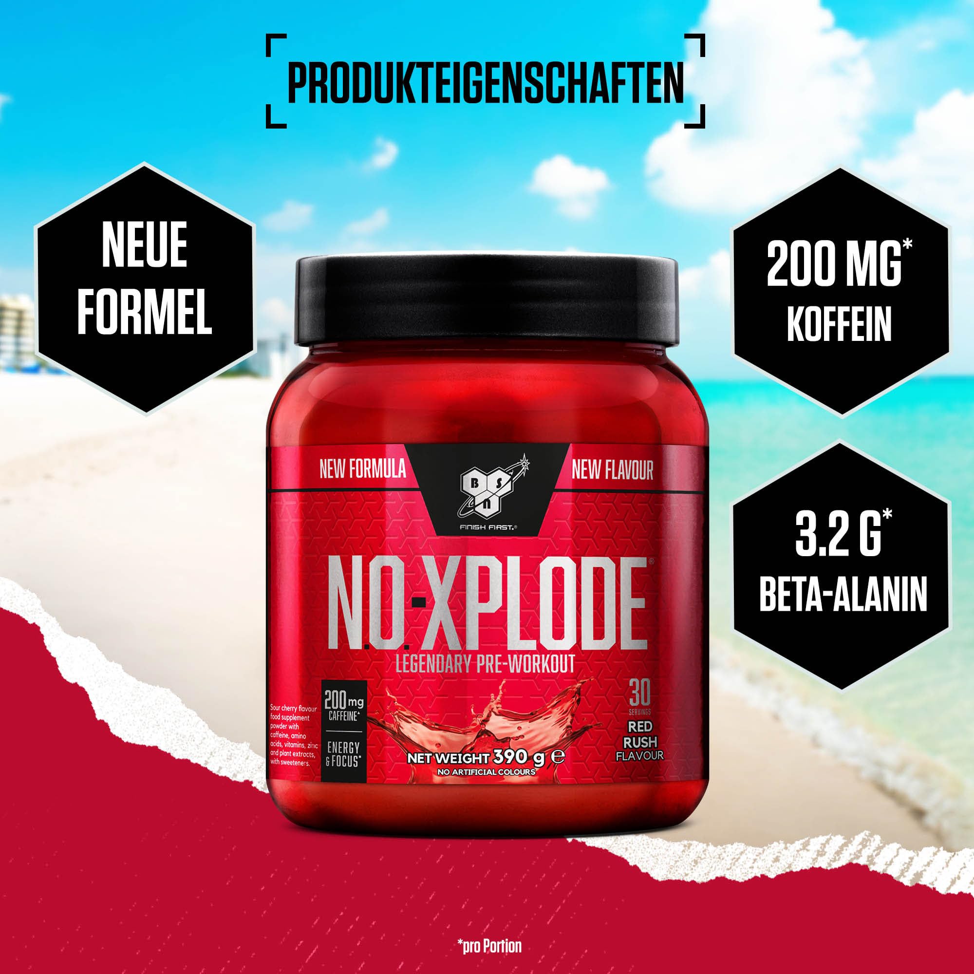BSN Nutrition N.O.-Xplode Pre-Workout Pulver Nahrungsergänzungsmittel, mehr Energie und Konzentration mit Koffein, Aminosäuren, Vitamin C und Zink, Geschmacksrichtung Red Rush, 30 Portionen, 390 g