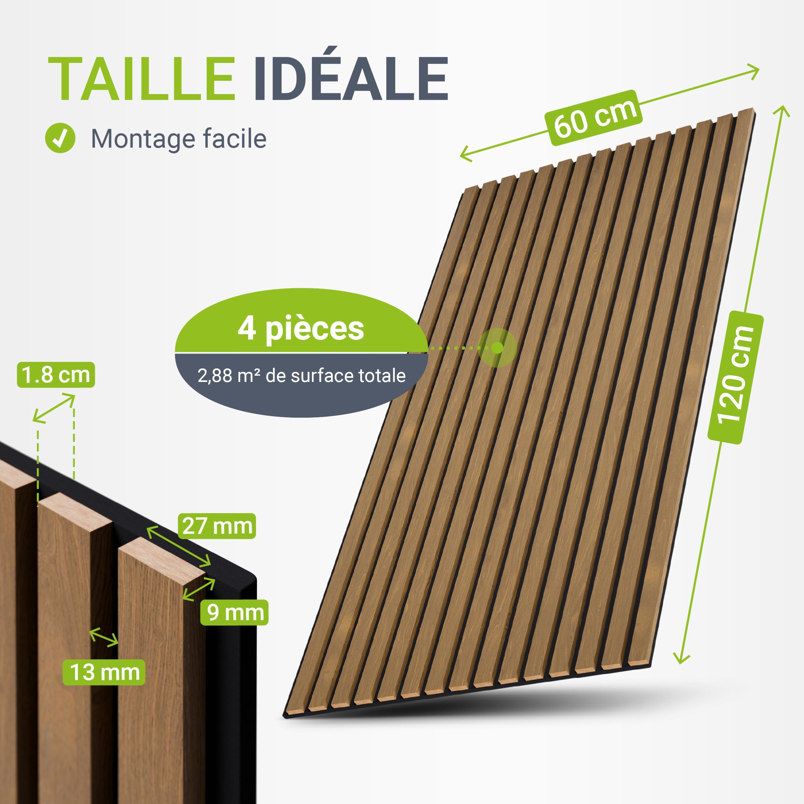 Juskys Panneaux muraux Acoustique, Lot de 4, 2,88 m², 120x60 cm, Réduit l'écho et le bruit - Chêne Naturel Foncé