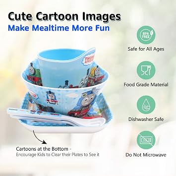 Thomas Transport Fans 5 Pcs Set Cartoon Durable Tableware Meal Dishes Mealtime Food Feeding Eating Set includes Dinner Serving Bowl Plate Cup with a Matching Spoon and Fork
