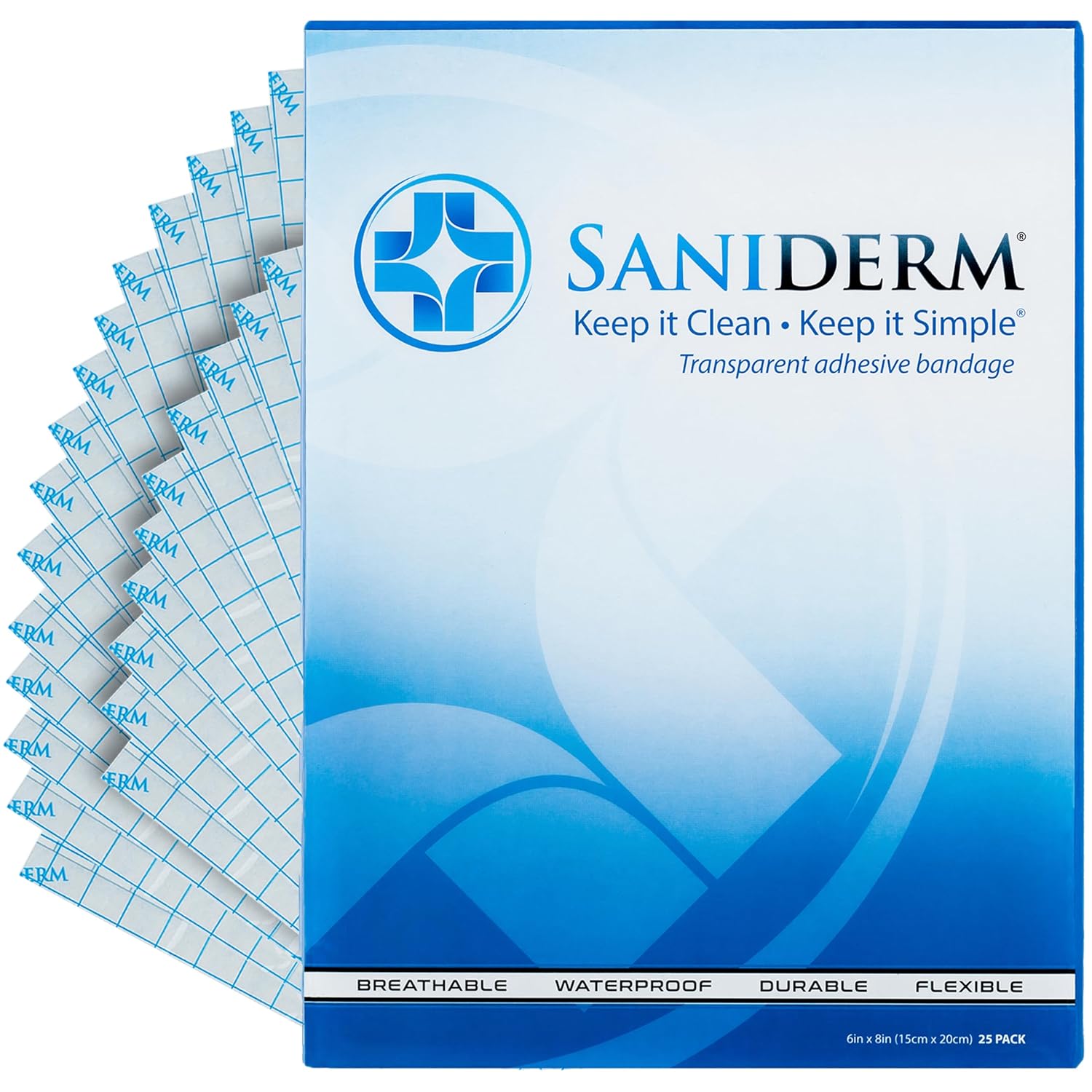 Saniderm Original Tattoo Aftercare Bandage (25 Sheets, 6 in x 8 in) – Convenient, Faster Tattoo Healing and Protection – Sterile, Waterproof, and Latex-Free Tattoo Aftercare Wrap – Gloss Finish