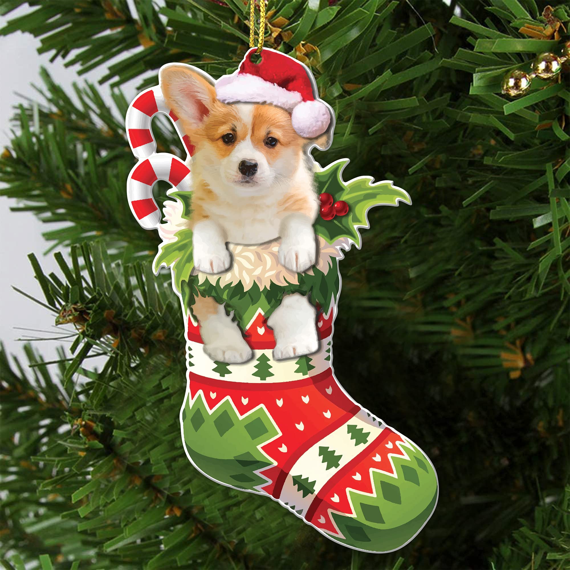 Corgi Acrylic Christmas Ornament - Cute Puppy in Stocking, Fun Festive Tree Decoration