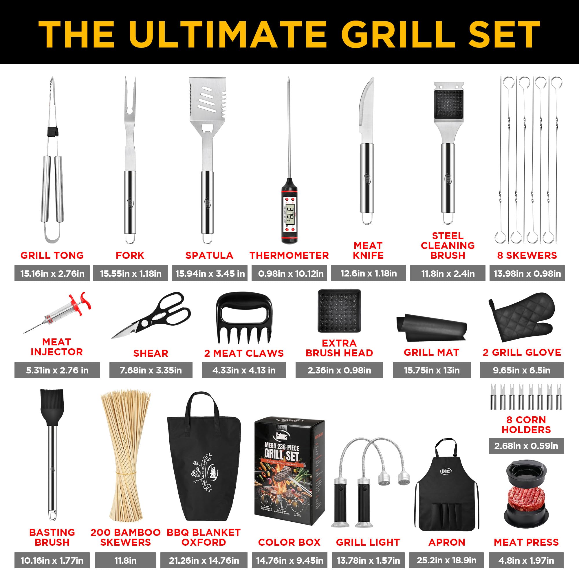 Kaluns 236-teiliges ultimatives Grillmeister-Geschenk-Set – komplettes Grillzubehör-Set mit praktisch allem, was zum Grillen, Räuchern und Grillen benötigt wird