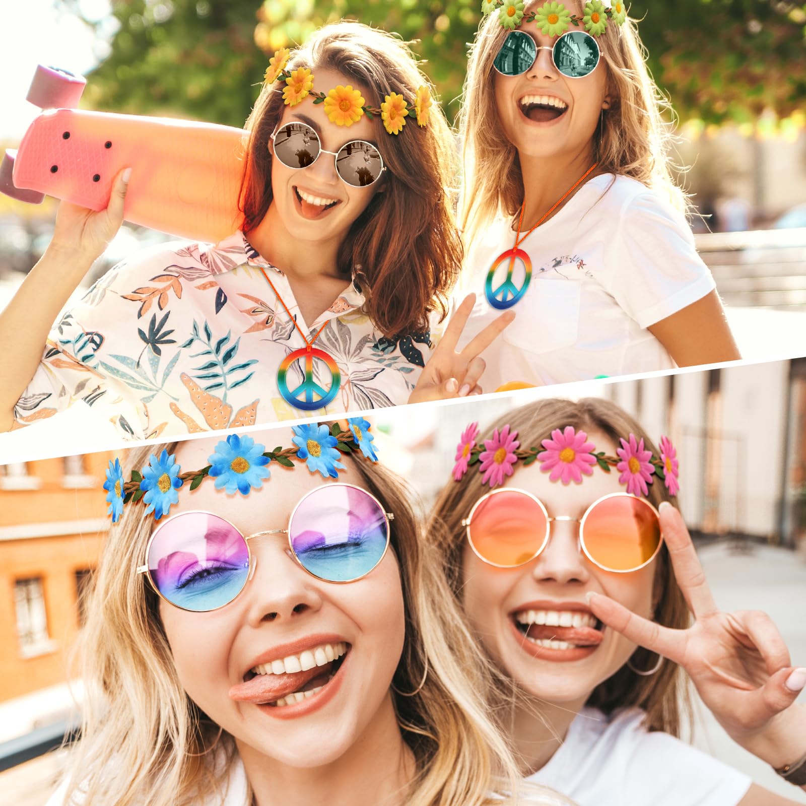 Juego de Accesorios Disfraz Hippie de 18 Piezas Gafas de Sol Redondas Retro Collares con el Signo de la Paz Diademas de Margaritas y Girasoles para Fiesta de los Años 70 y 80