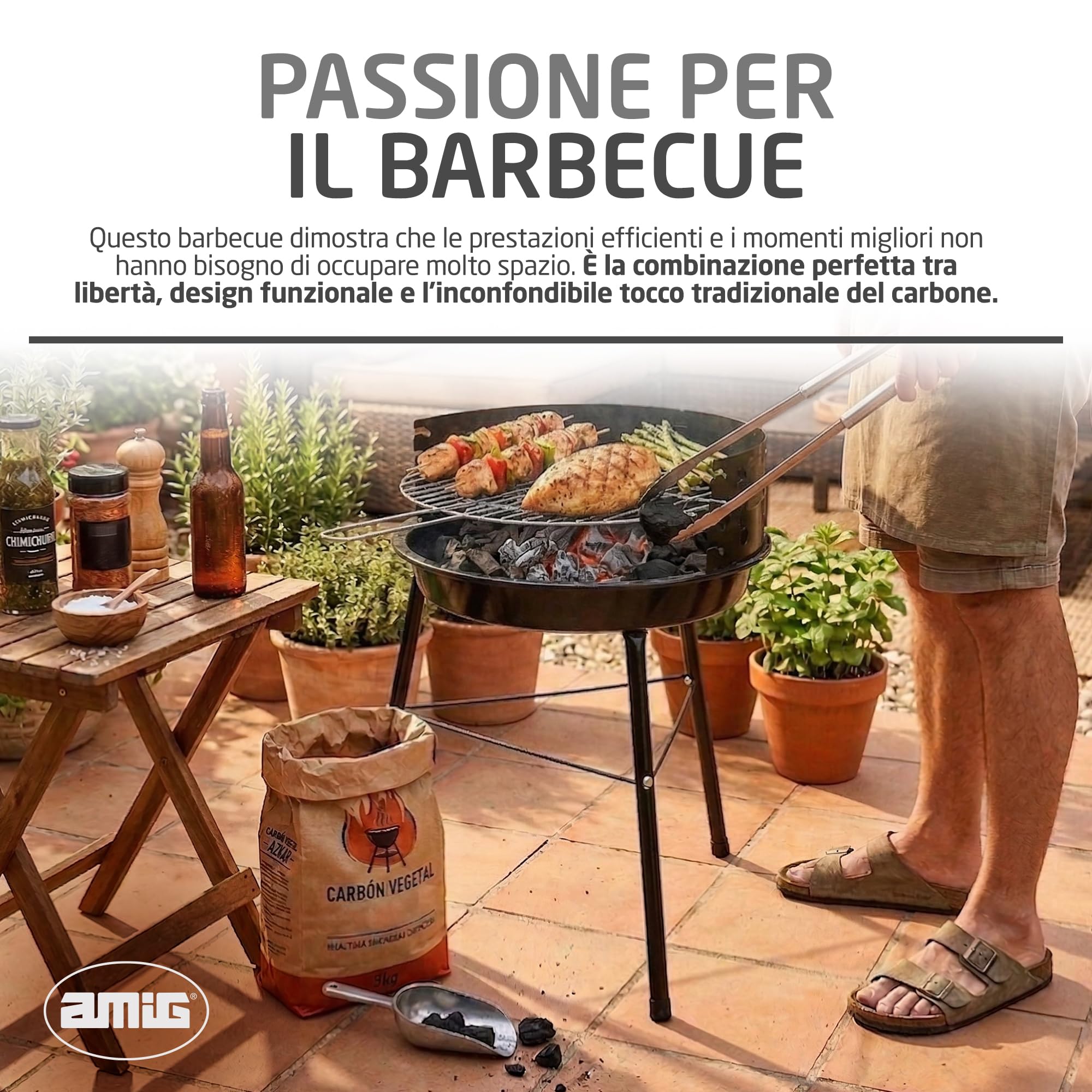 Amig - Barbecue a carbone - 33 x 35 x 56 cm - Nero - Realizzata in Acciaio - Giardino e patio - per terrazza e balcone con dimensioni adatte a spazi piccoli, uso pratico. Mod. AZKAR