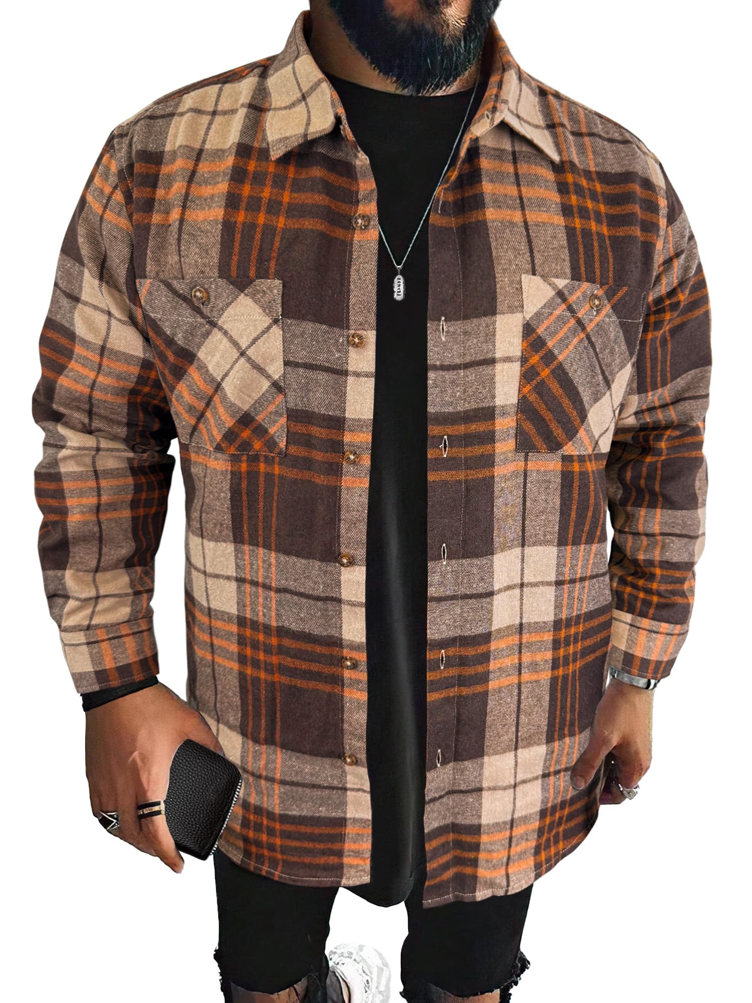 Mens Flannel Shirts Long Sleeve Regular Fit Lightweight Plaid Button Down Casual Shirt with Pockets
