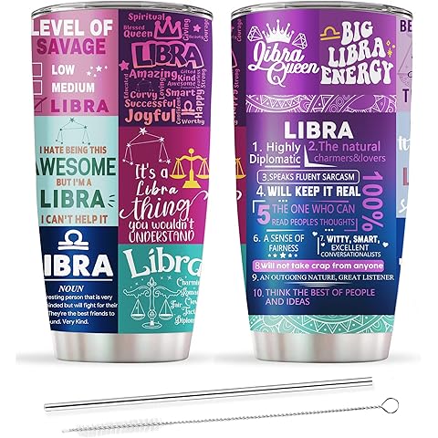 Libra Zodiac Tumbler - Birthday Gift for Women, Astrology Gothic Witchy Constellation Insulated Coffee Mug With Lid and Straw, Purple, 20 OZ
