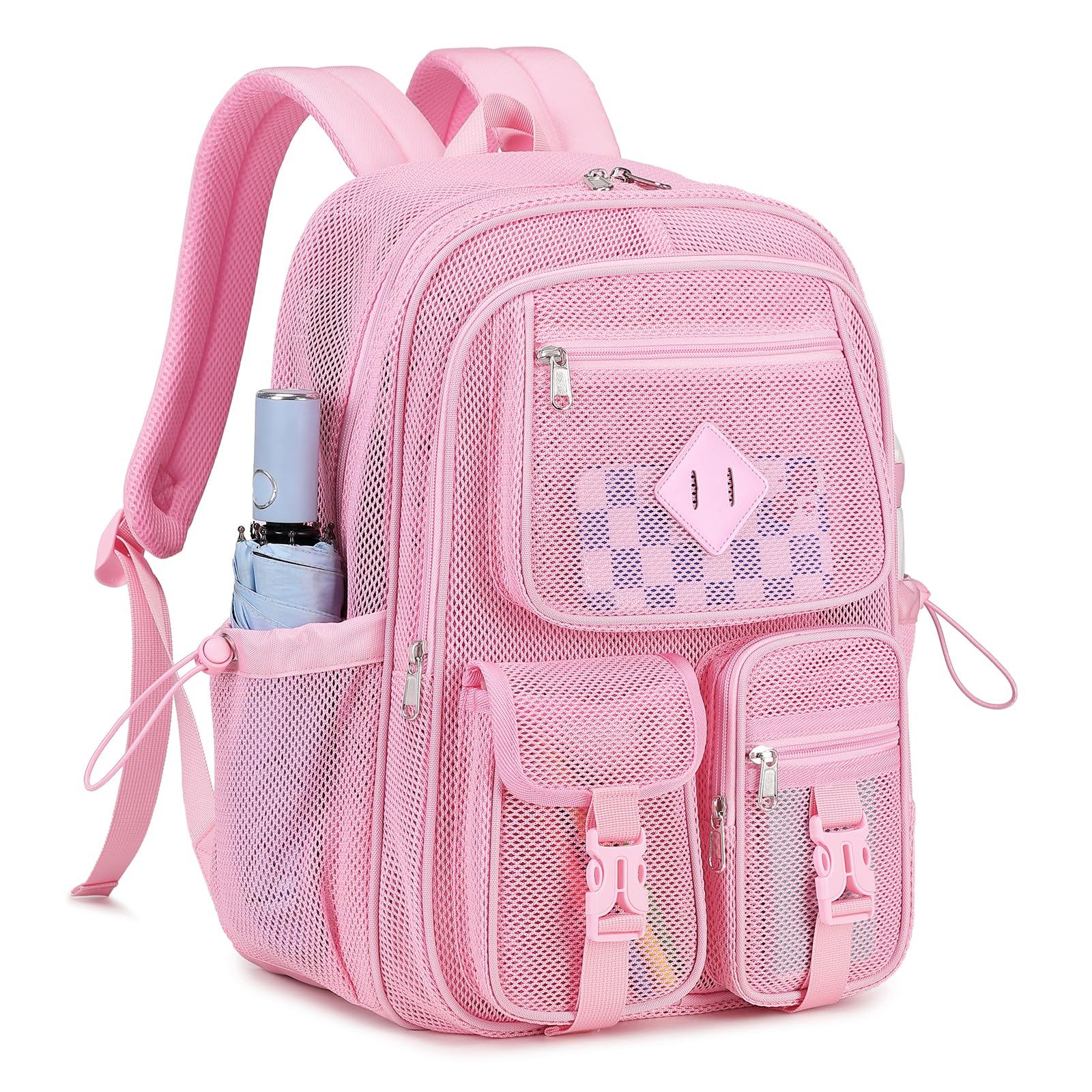 Mesh Backpack for School Heavy Duty See Through Net Bookbag Girls Semi-Transparent Net Back Pack for Beach, Swimming, Sports, Work, Travel (Pink) Pink Classic