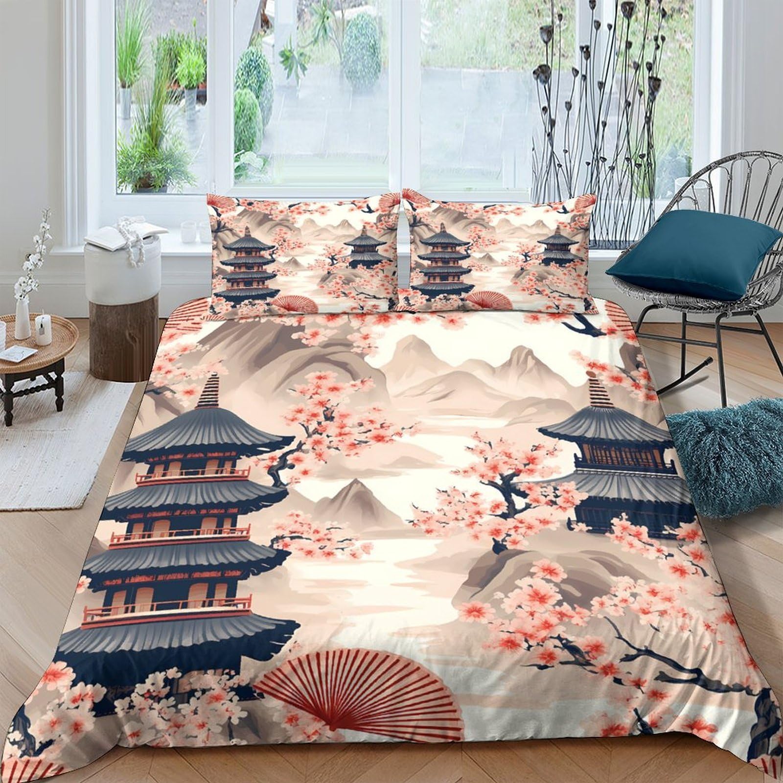 Unrxjzlvm Style-4 Japanese Cherry Blossom Bedding Microfiber Duvet Set Teens Gift