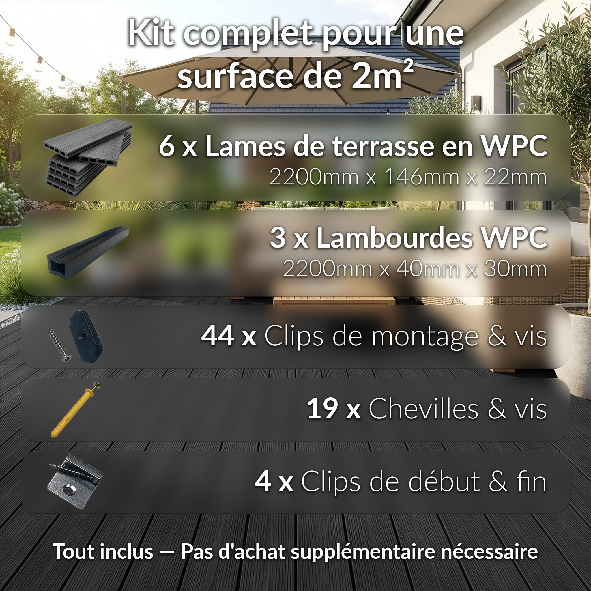 KARAT Lames de terrasse WPC Crown 220 × 14,6 cm – kit Complet 2 m² à Structure alvéolaire, avec sous-Structure & matériel de Montage, résistantes aux intempéries & aux UV (Anthracite, 220 × 14,6 cm)