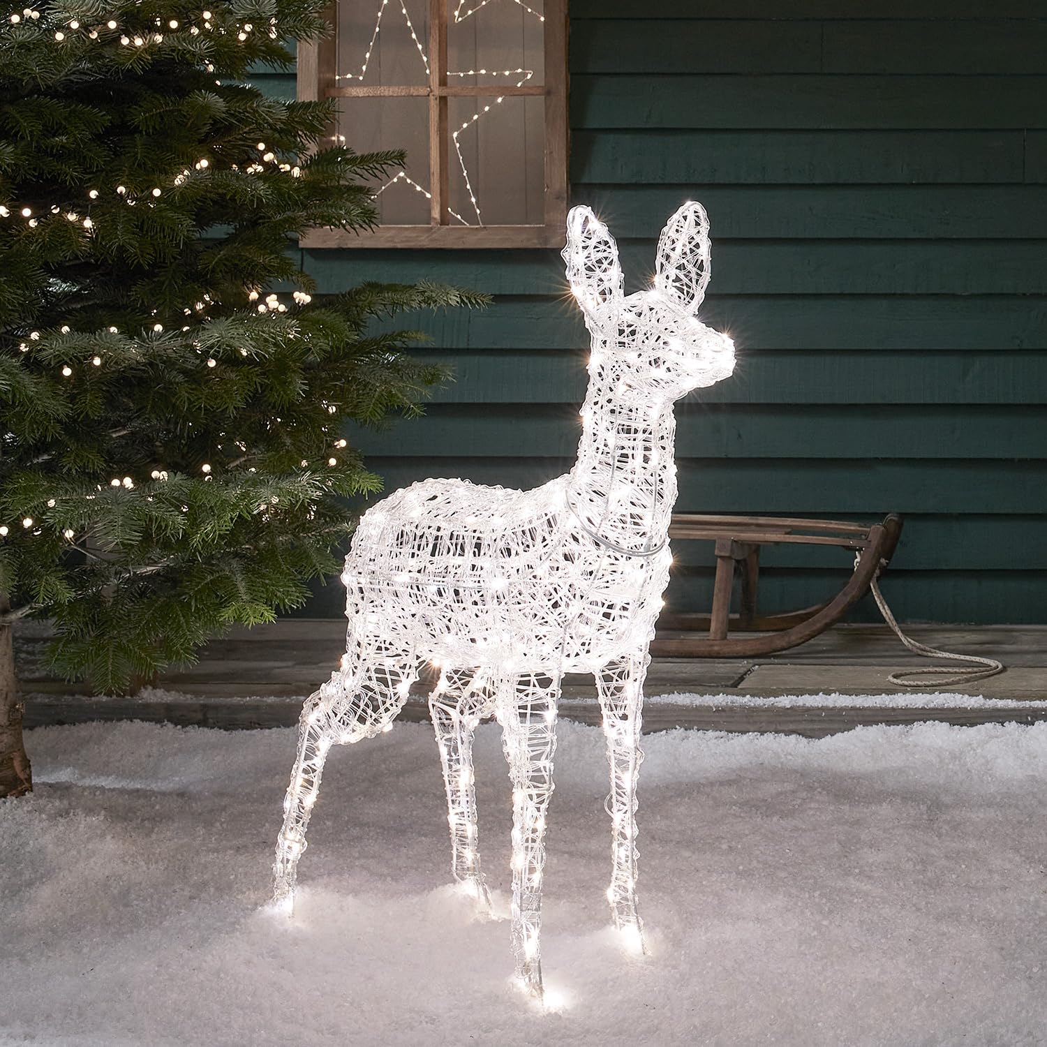 Lights4fun 3-in-1 Swinsty LED Rentier Figur Mutter 105cm Timer Weihnachtsbeleuchtung Außen und Innen