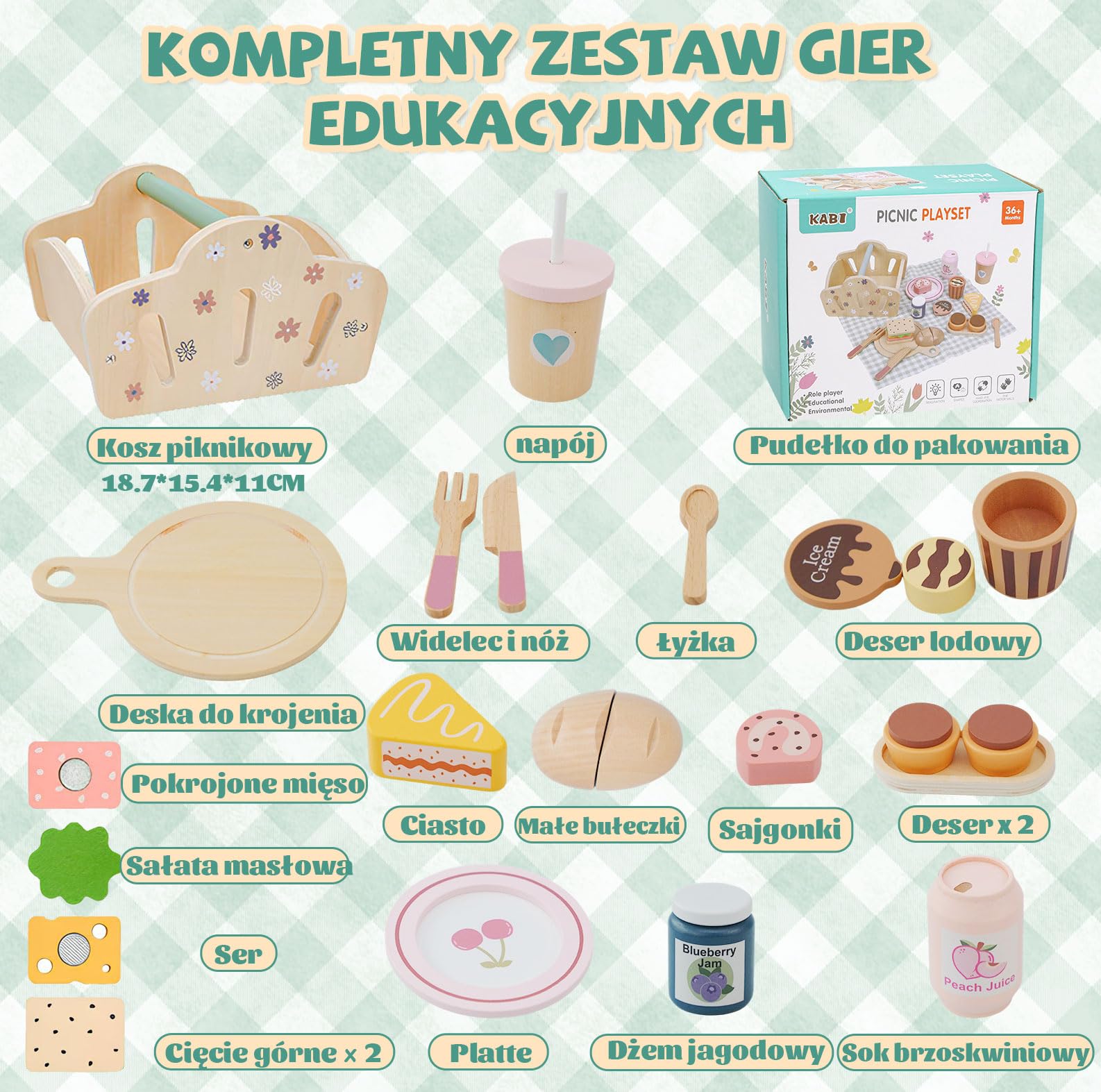 Potatomato Zestaw na piknik dla dzieci z zestawem do herbaty dla dzieci wraz z zabawkami do deserów - drewniane zabawki i zabawki na podwórko dla chłopców i dziewczynek