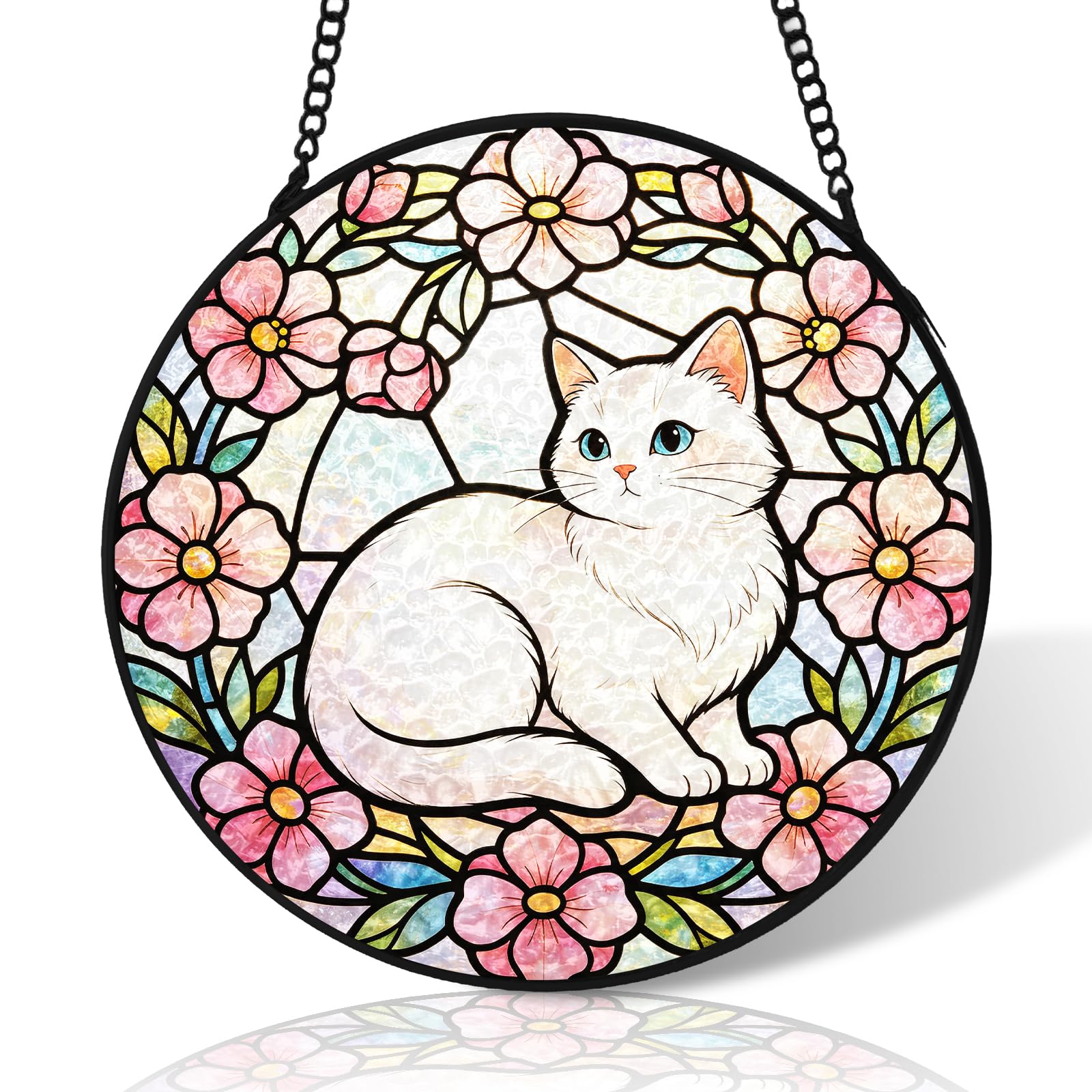 White Cat and Flower Stained Glass Suncatcher Windows Hanging,8 inch Stained Glass Ornament Home Decor,Suncatchers for Windows Hanging,Birthday Gifts for Women,Lovers,Friend(Black)