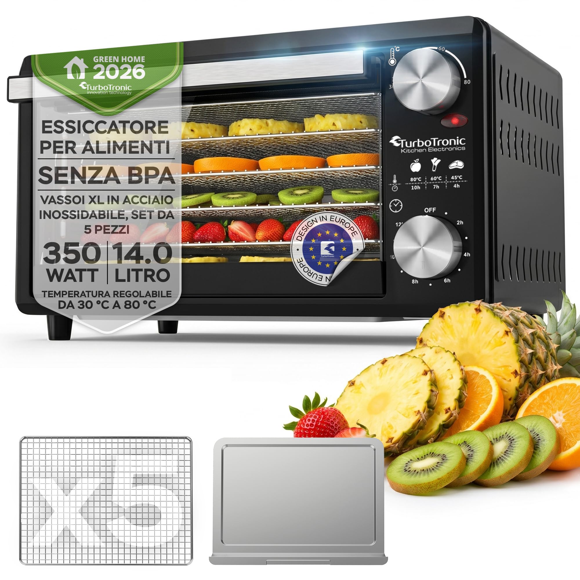 TurboTronic FD14 - Disidratatore Alimentare 14 L con 5 Vassoi - Essiccatore Alimentare a 5 Ripiani per Frutta, Verdura, Funghi, Carne, Pesce ed Erbe - Temperatura e Timer Regolabili (Black)