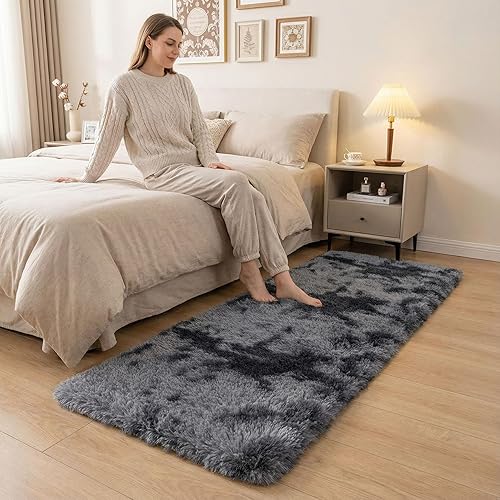 duduta Grey Plush Runner Rugs for Bedroom 2x6 ft, Tie