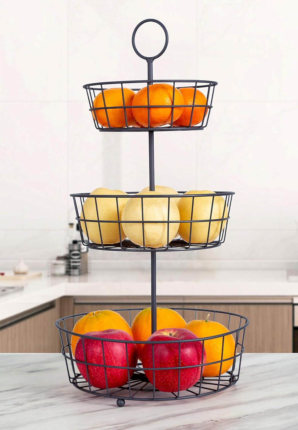 HANZE 3-Tier Wire Fruit Basket Bowl, Detachable Vegetable Bread Basket Display Storage Stand, Design for Kitchen, Bathroom Organization, Brown