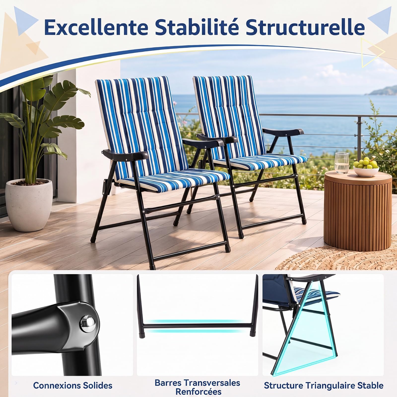 COSTWAY Lot de 2 Chaises de Plage Pliable, Chaise Pliante Camping Légère en Métal, Siège Rembourré, Tissu Polyester, Dossier Haut, Fauteuil Exterieur pour Pêche Pique-Nique Jardin, Charge 150 kg