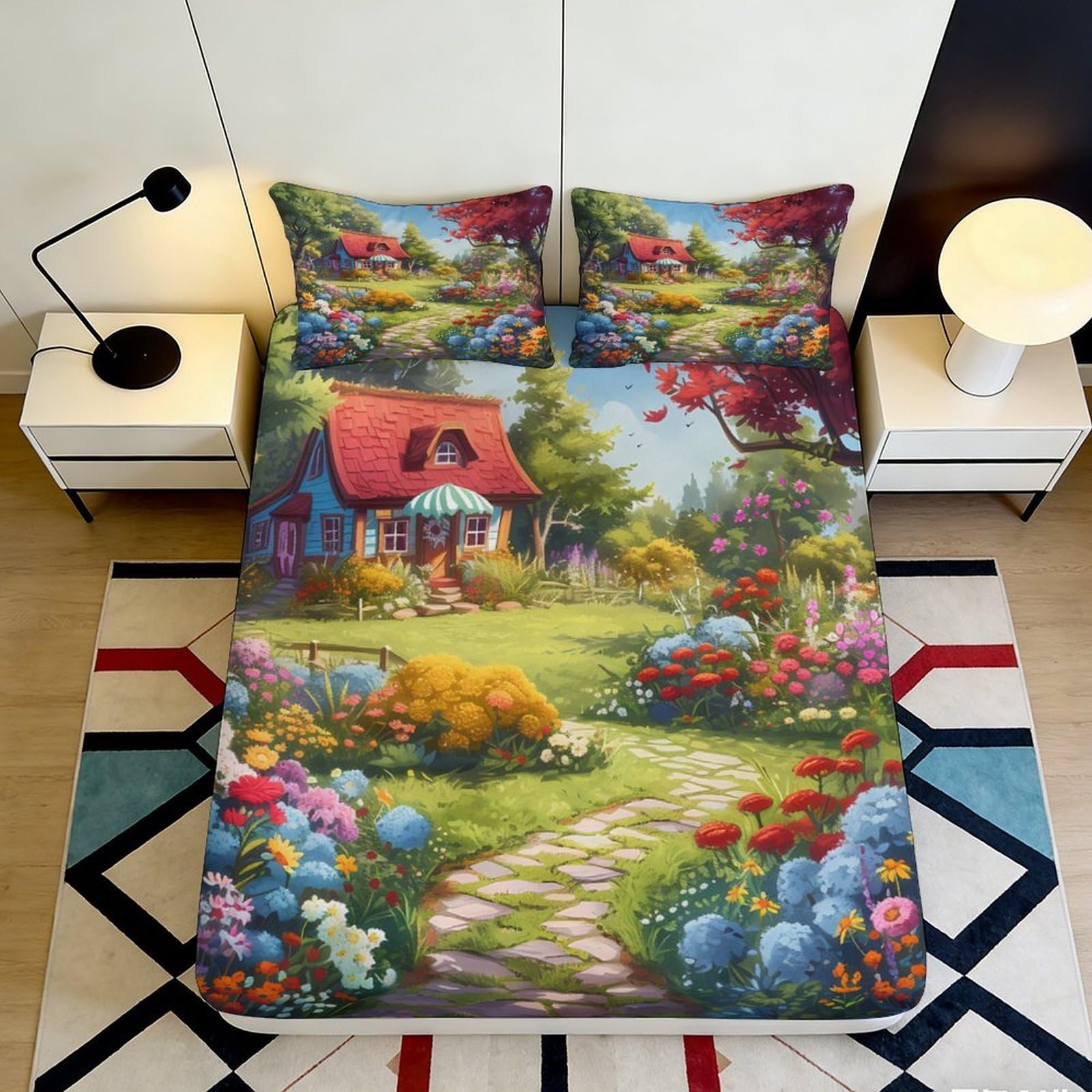 3D Printed Cottage Scenery Fitted Sheet Microfiber Deep Pocket Non-Slip Bedroom Bedding Cottage Style Mattress Fitted Cover Washable 180x200x25cm