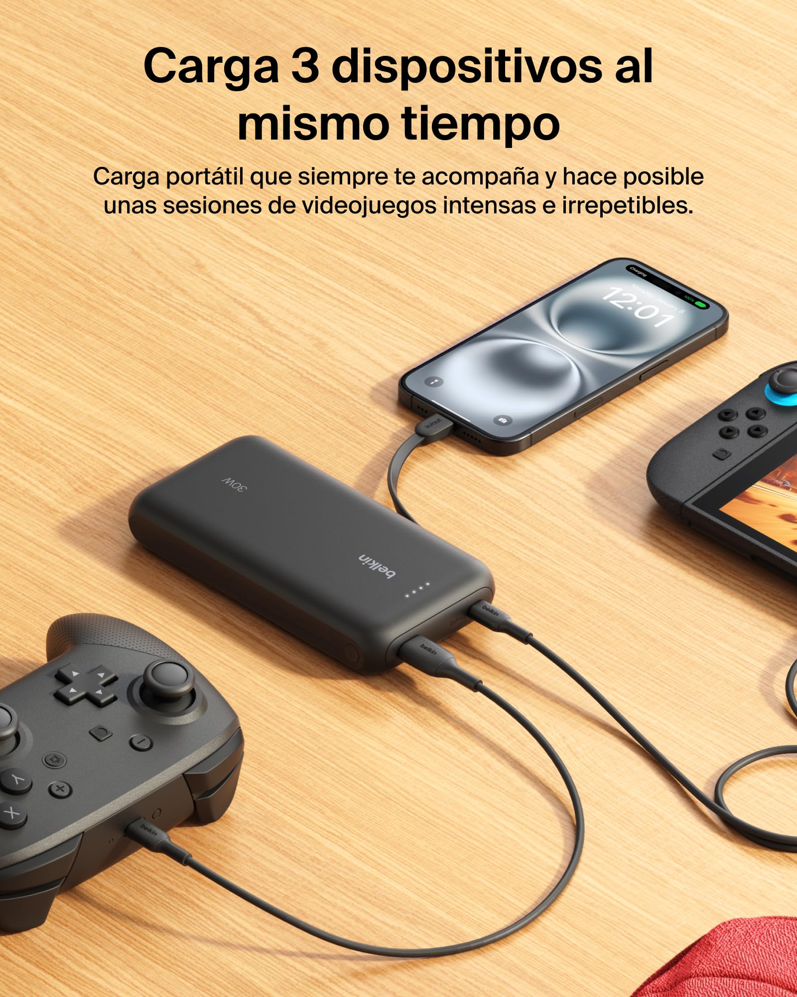 Belkin Gaming batería Externa de 30 W con Cable USB-C Integrado y 20000mAh de Capacidad, Carga rápida USB-C PD, Cargador portátil para Nintendo Switch 2, iPhone 16, iPad Pro y Galaxy S25, Negro