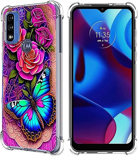 Funda para Moto G PureMoto G Power 2022Moto G Play 2023, protección contra caídas de flores de mariposa azul, rosa, a prueba de golpes, funda