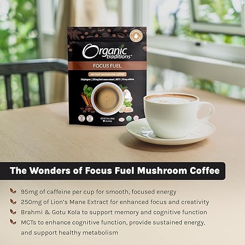 Miniatura 4 de Café de hongos Organic Traditions Focus Fuel - Café orgánico instantáneo de hongos con melena de león, adaptógenos, MCT y leche de coco en polvo,