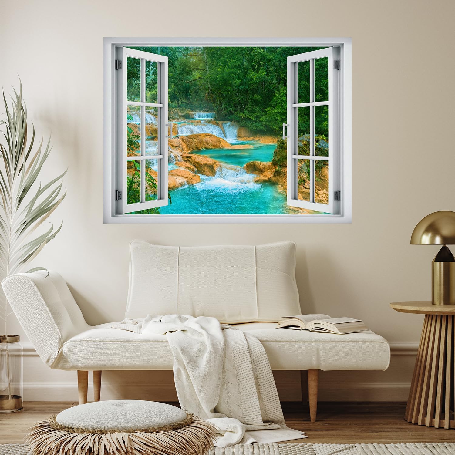 wall26 Modern White Window Looking Out Into a Japanese Garden with Cherry Blossom Trees and a Kiosk - Wall Mural, Removable Sticker, Home Decor - 36x48 inches