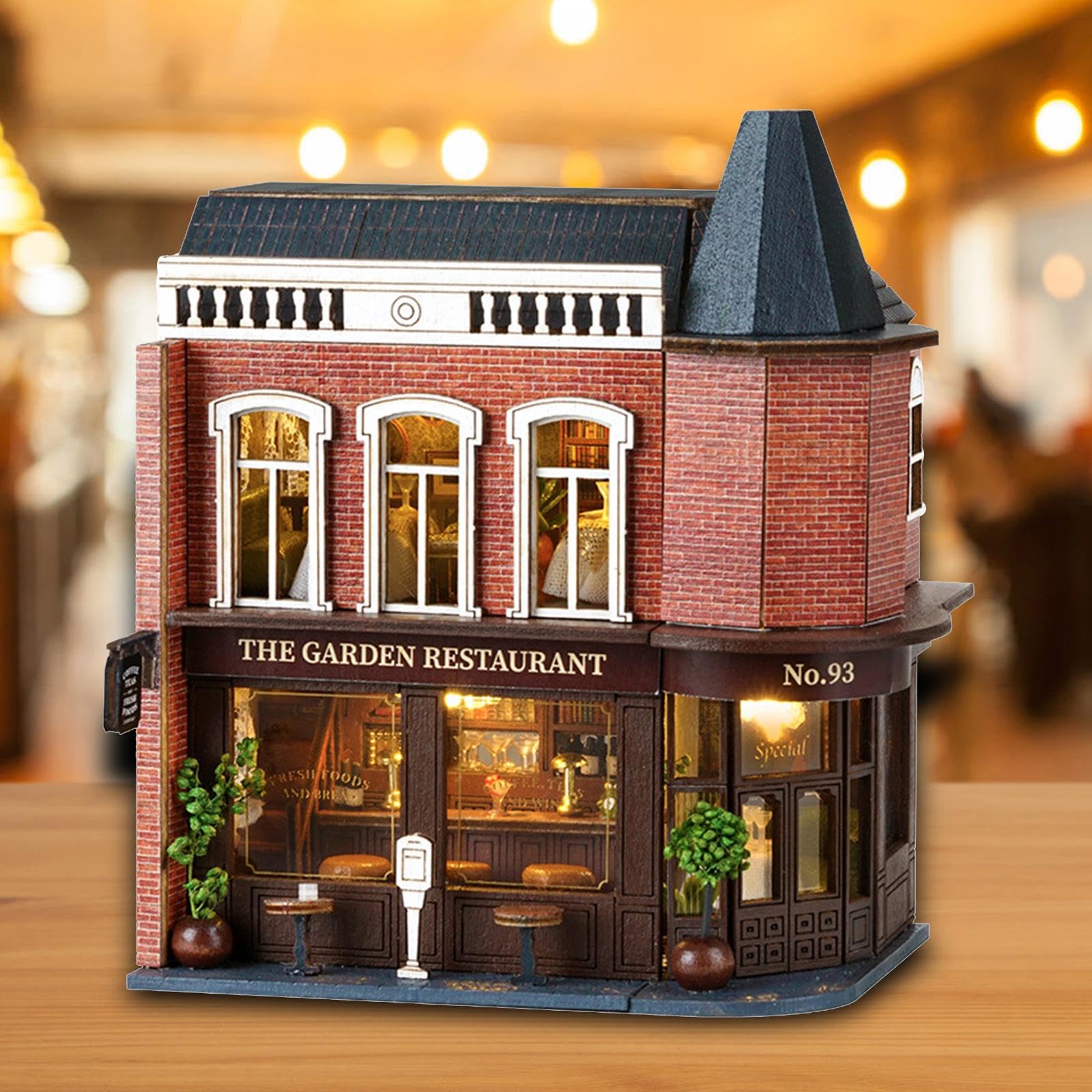 Casa in Miniatura Bambola Legno Kit Fai da Te con Mobilia E Illuminazione Adatto per Regali Collezione Decorazione Interna, Ristorante