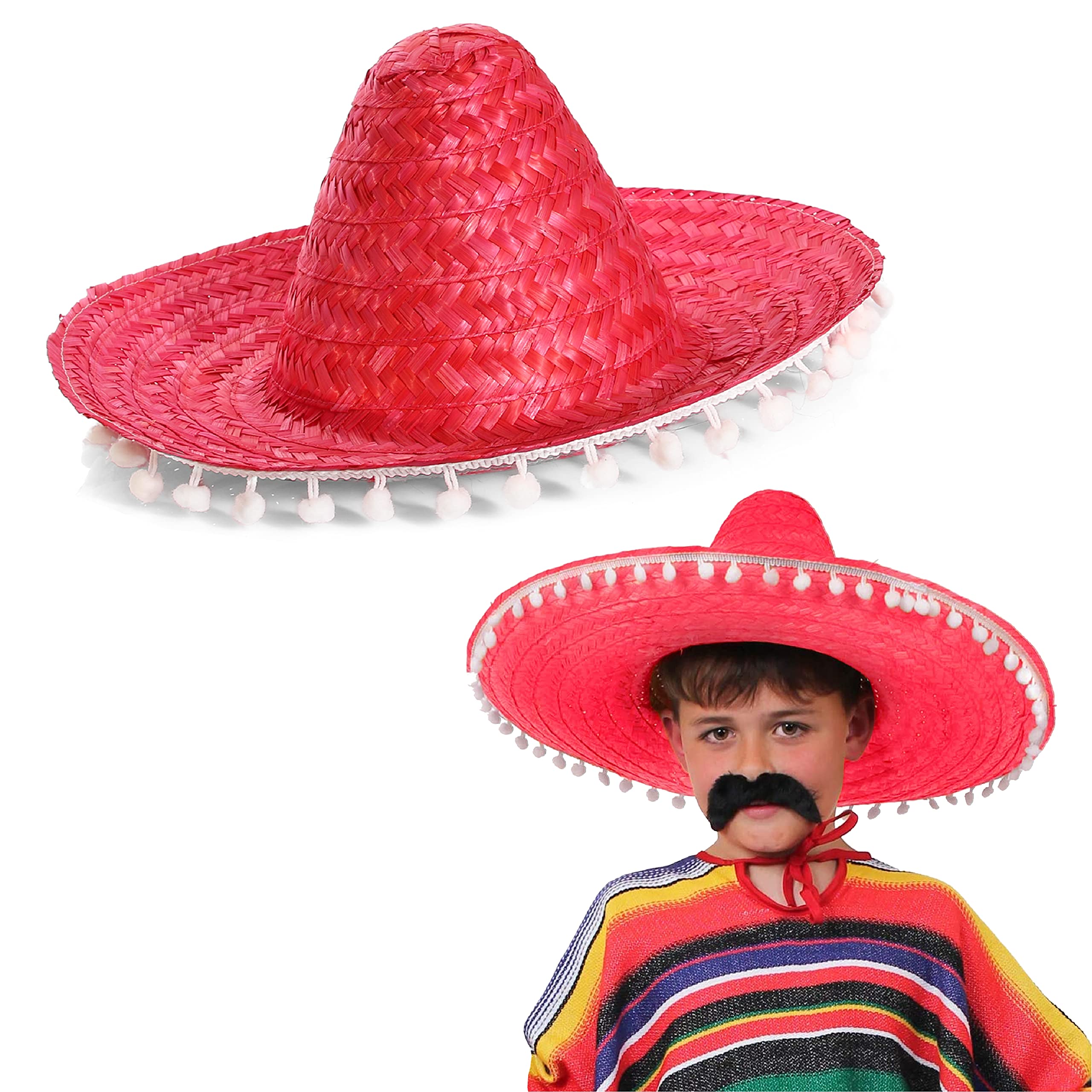 Sombrero mexicano multicolor con bordes de pompón para niños, accesorio de paja, sombrero de paja para vacaciones