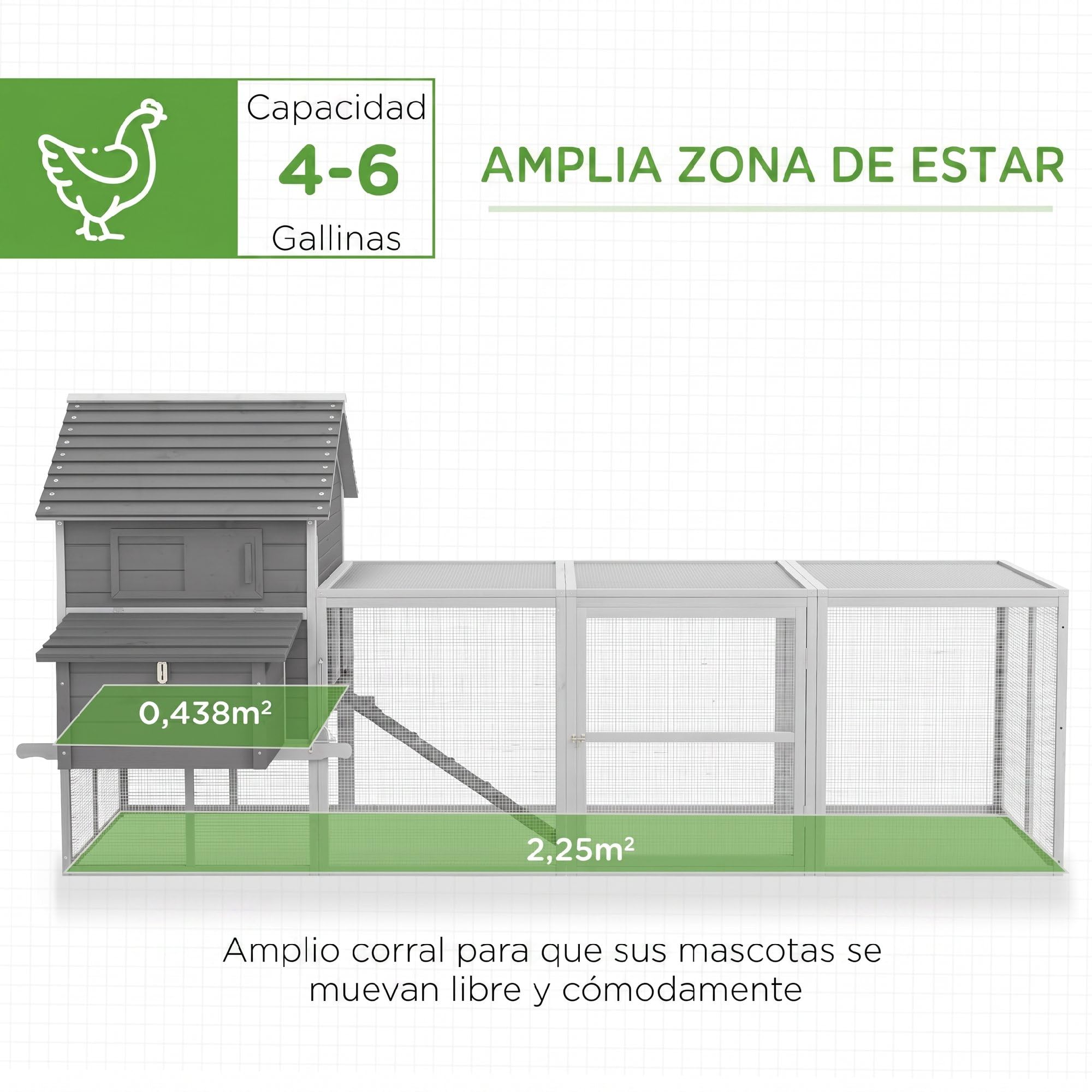PawHut Gallinero Grande de Madera 4-6 Gallinas 310,5x149,5x149 cm Gris | Gallinero para Exterior, 2 Ventanas, Puertas, 2 Nidos, Bandeja Extraíble, Rampa, Fácil de Limpiar