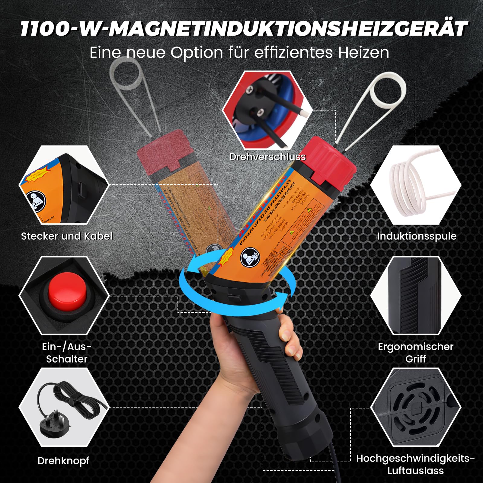 1100W Magnetische Induktionsheizgerät, Drehbare Flameless Induction Heater, Induktions Heizset mit 8 Induktionsspulen, Maximale Heiztemperatur 800°C, Zum Entfernen Von Rostigen Bolzen und Muttern