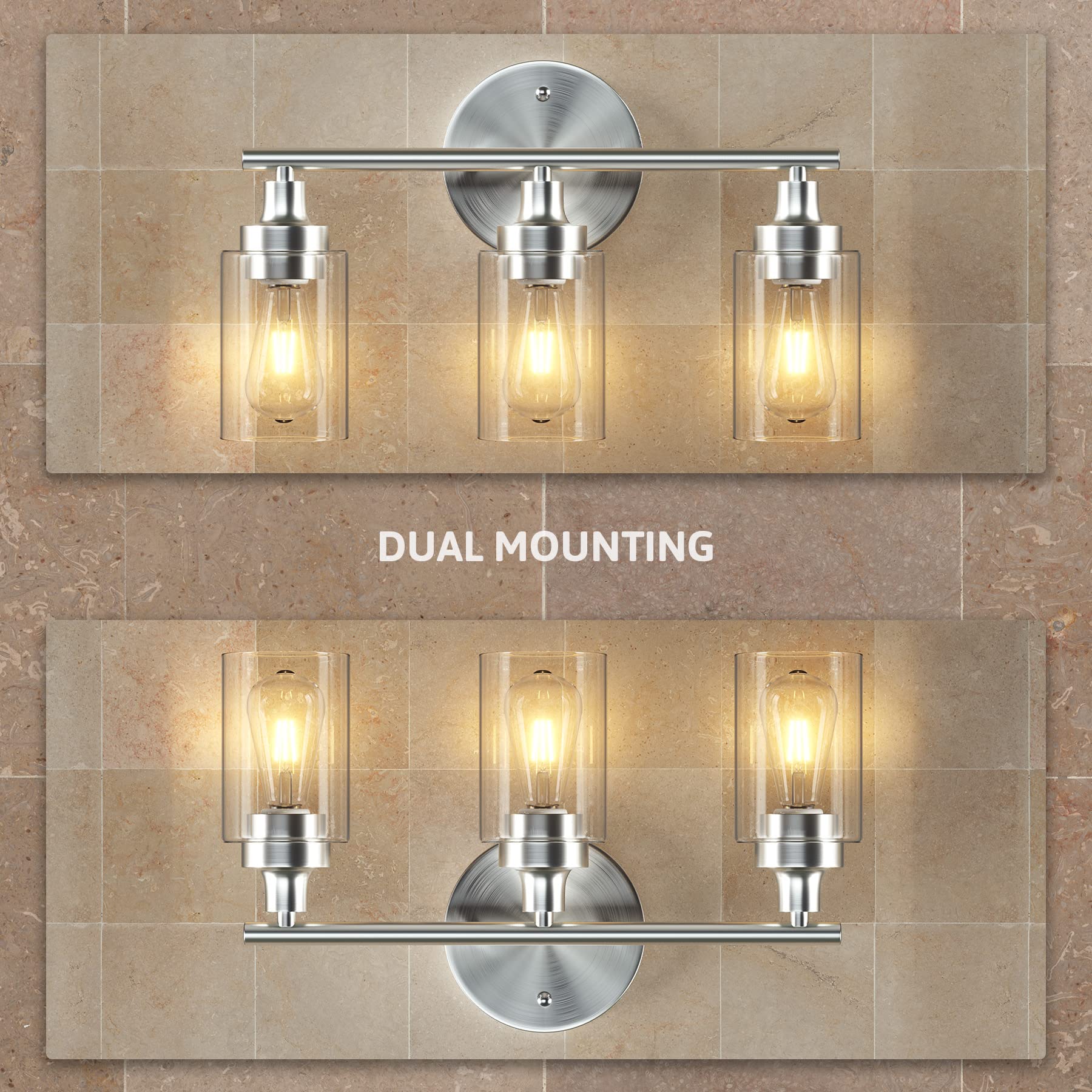 VONLUCE 3 Light Bathroom Vanity Lights, Bathroom Light Fixtures Brushed Nickel for Bedroom Living Room, Modern Bathroom Wall Sconce Over Mirror Cabinet Sink with Clear Glass Lamp Shades