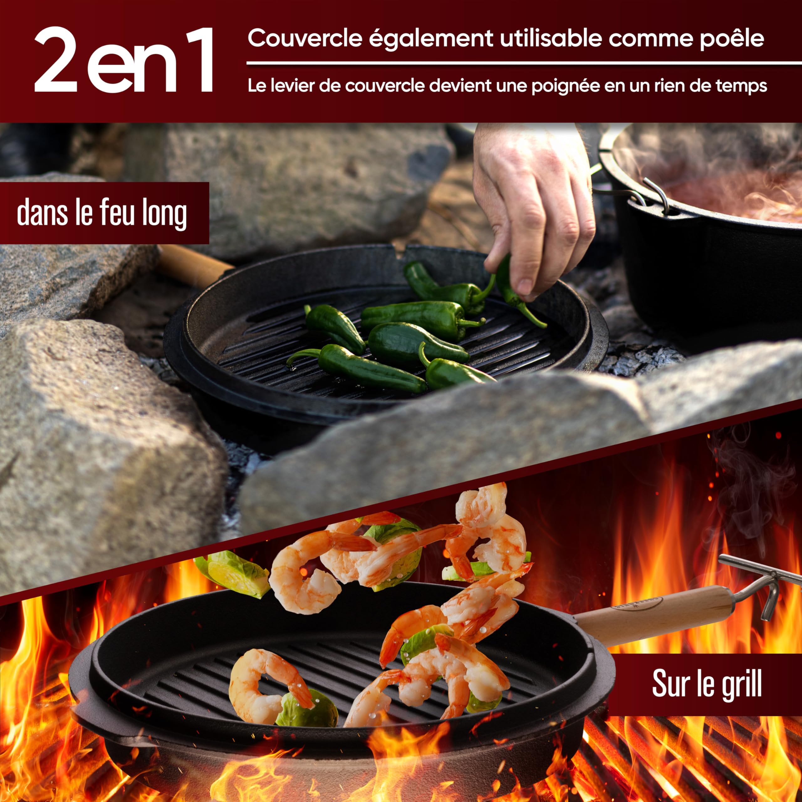 GUSSKÖNIG Ensemble de Dutch Oven - Dutch Oven de 12 Litres déjà culotté - Cocotte en fonte avec pieds - Pot de cuisson multifonction - avec lève-couvercle 2 en 1, brosse [pour 8-10 personnes]