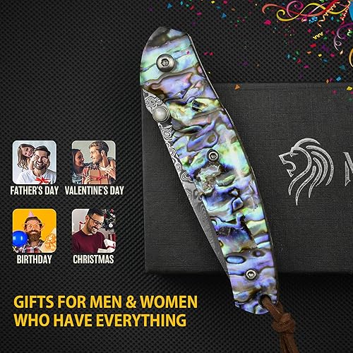 Miniatura 5 de NedFoss Cuchillo de bolsillo, cuchillo de bolsillo de damasco con mango de concha de abulón, cuchillo plegable de acero de Damasco forjado hecho a