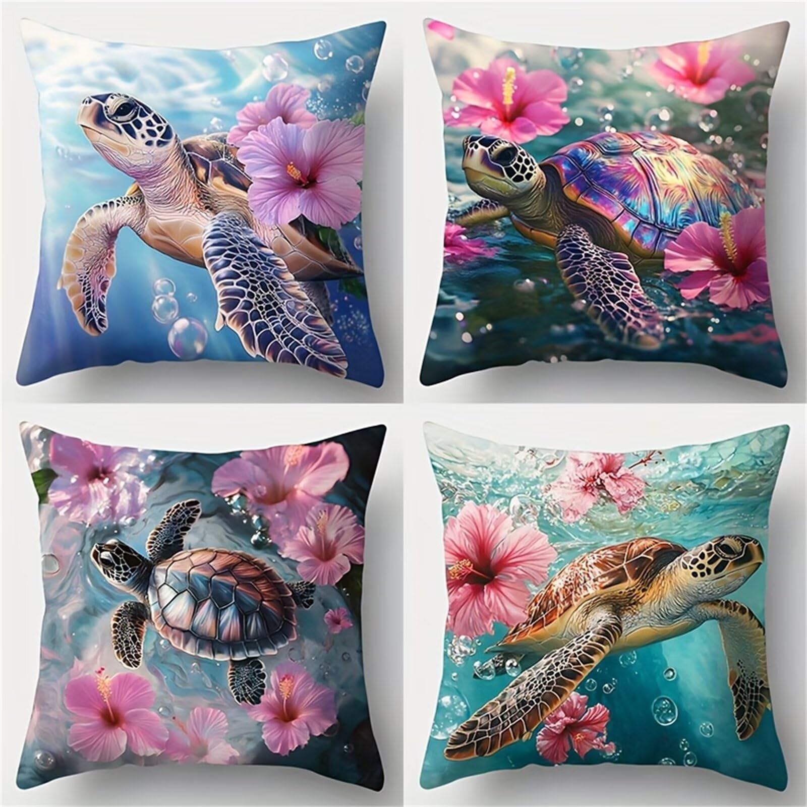 QiHon Cushion Covers 55x55 cm Set of 4 Pink Flower Turtle Linen Square Pillow Cases 22x22 inch Modern Decorative Throw Pillow Covers for Sofa Couch Bedroom Home Office with Invisible Zipper