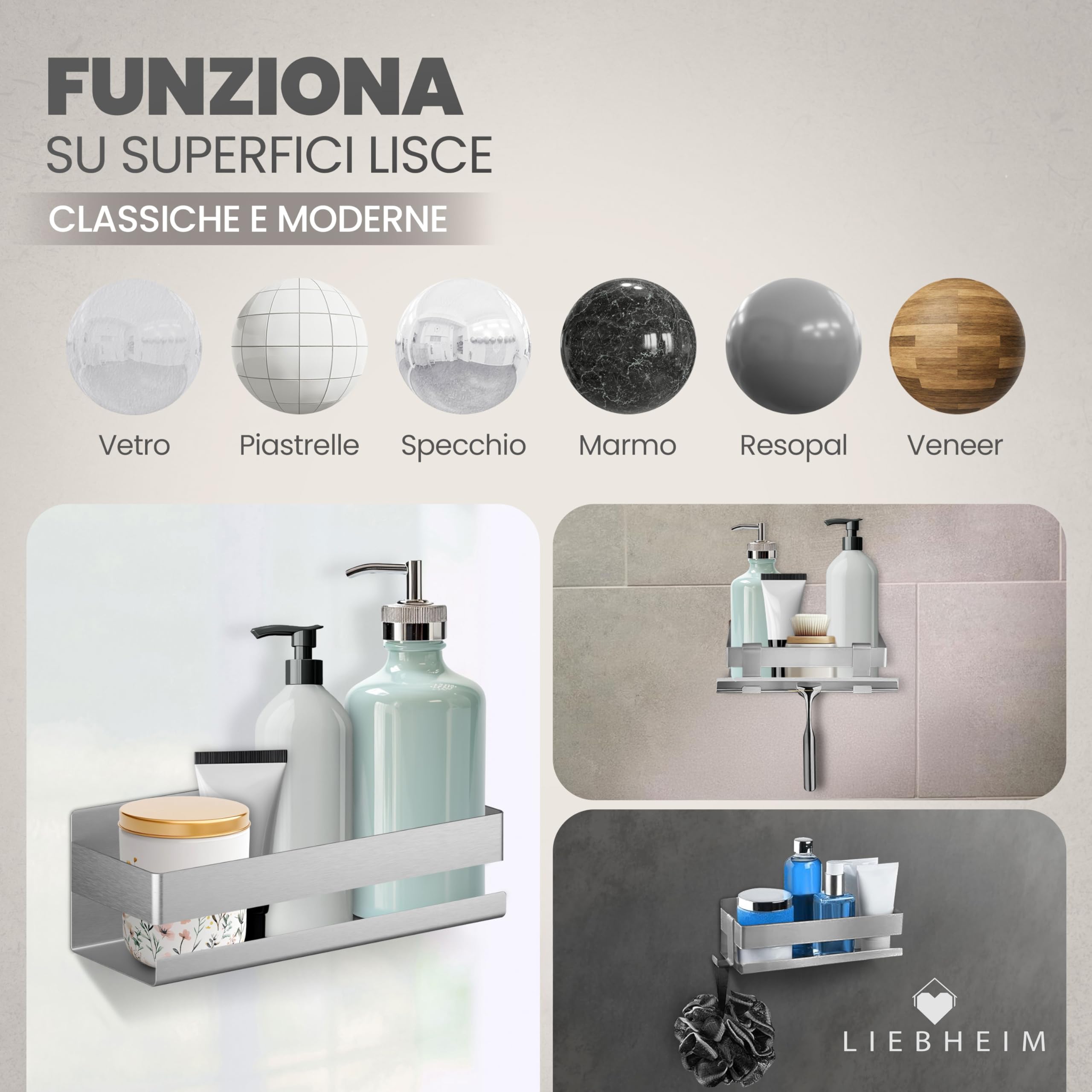 LIEBHEIM mensola per doccia cestino per bagno senza forare - tenuta super forte grazie al nastro adesivo di montaggio - acciaio inox S304 - solido (acciaio inox spazzolato)