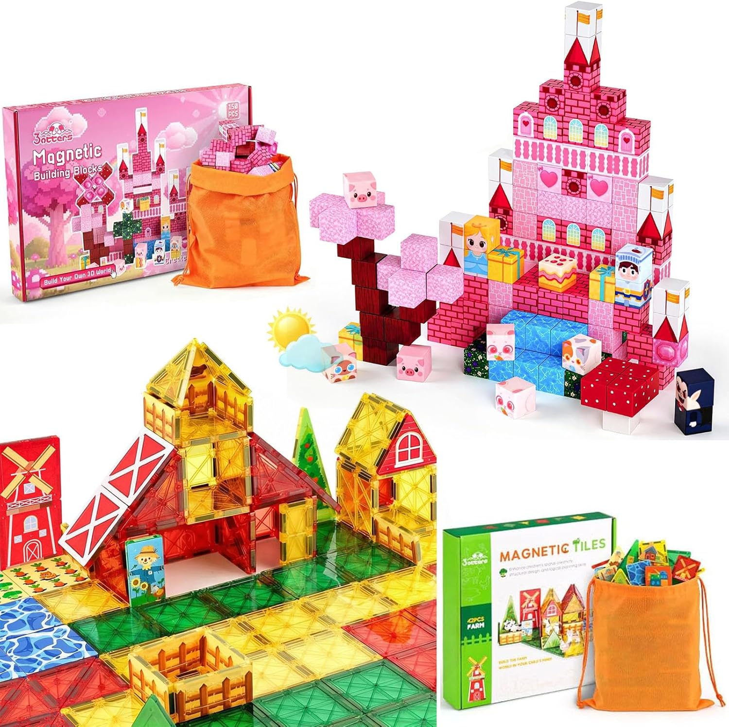 3 otters 42PCS Magnetic Tiles with Farm Animals & 150PCS Magnetic Blocks Bundle – Educational STEM Toys for Kids, Building Blocks with Princess Castle Design, Perfect for Christmas and Birthday Gifts