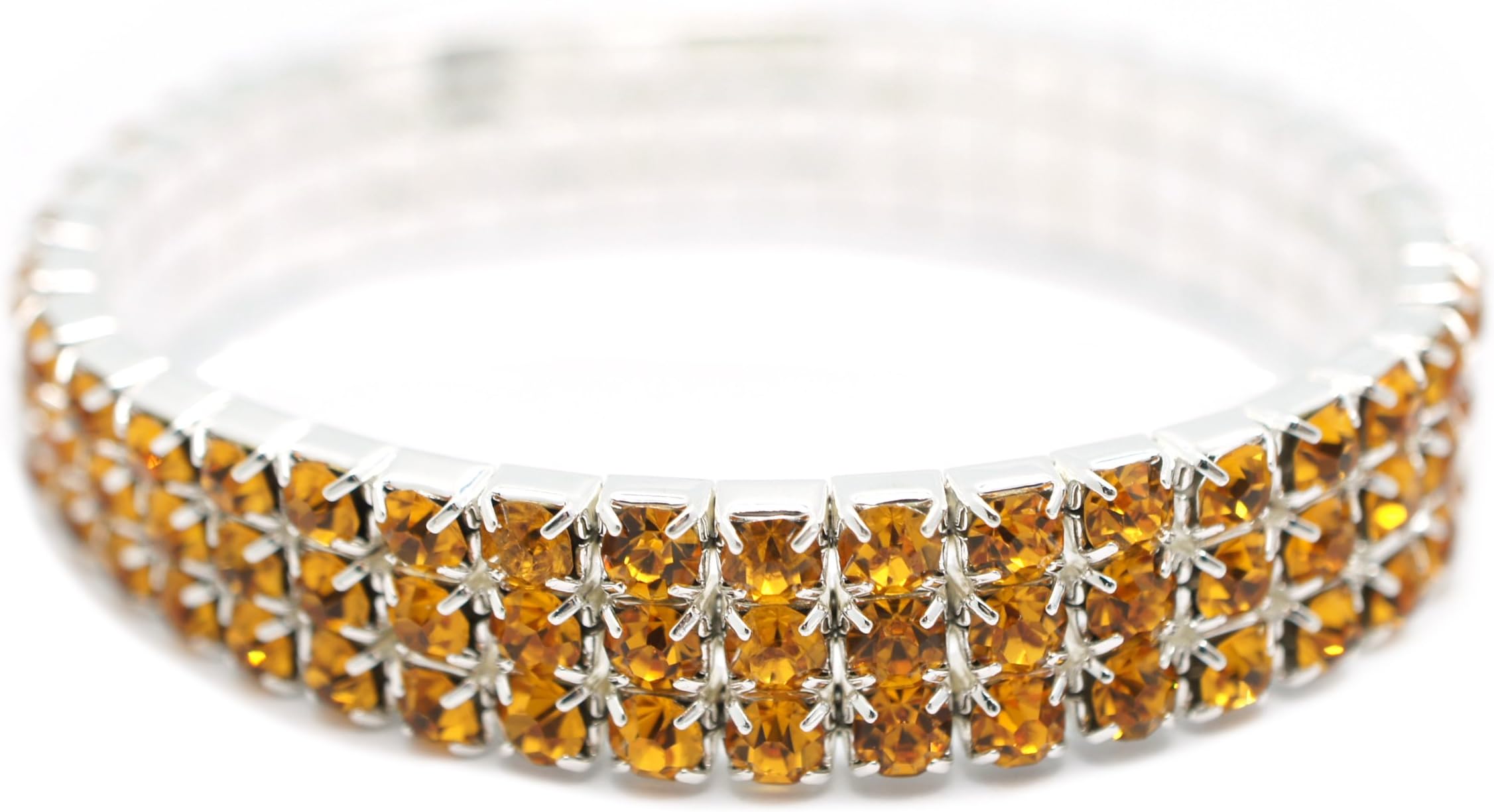 Petite Womens Classic Silver 3 Row Orange Honey Amber Rhinestone Stretch Tennis Cuff Bracelet
