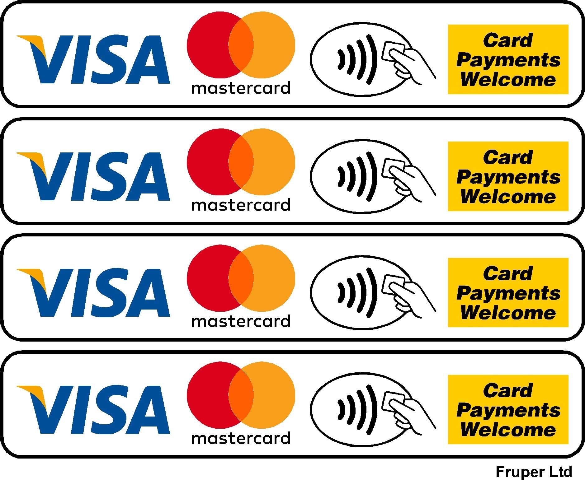 4X Card Payments Welcome Credit Card Sticker Visa MasterCard Debit Credit Contactless Laminated Vinyl Stickers Signs Taxi, Minicab, Coach, Minibus,Shop, Stall