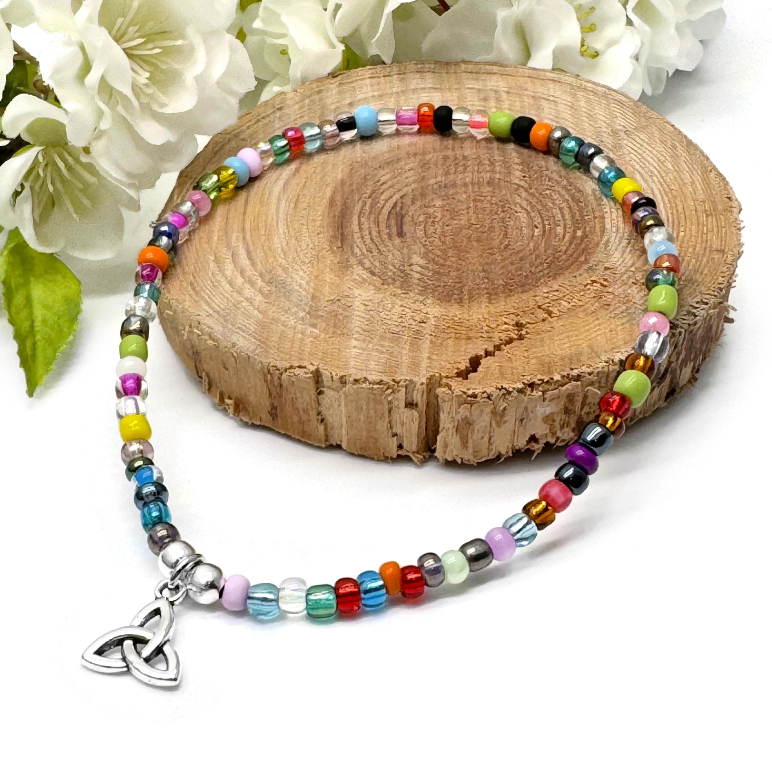 Celtic Knot Charm Beaded Anklet, Multi-Colour Glass Seed Bead Mix with Silver Tone Charm : Size M/L 10 inches - Image 2