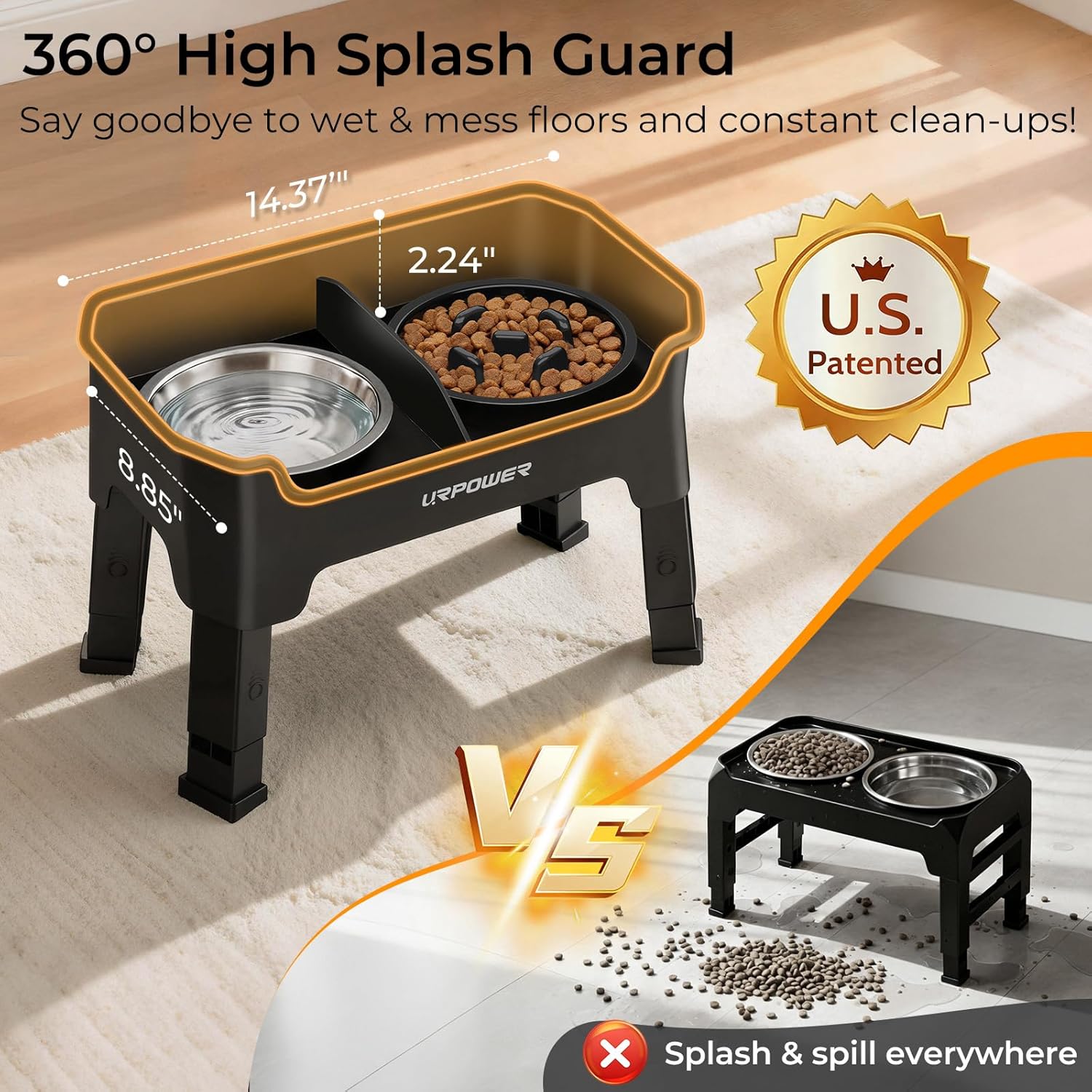 URPOWER Mess Proof Elevated Dog Bowls, High Wall Splash Guard Design, 4 Height Adjustable Raised Bowl Stand, 2 Stainless Steel Bowls, Non-Slip Food Water Set for Small Medium Large Dogs